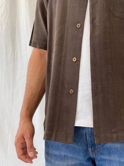 Vintage Gold Tri-Mountain Brown Half Sleeve Button Up Pure Silk Men’s Shirt - M - Balagan Vintage Half Sleeve Shirt 90s, half sleeve shirt, Hawaiian shirt, mens shirt, printed shirt, Ramez, silk