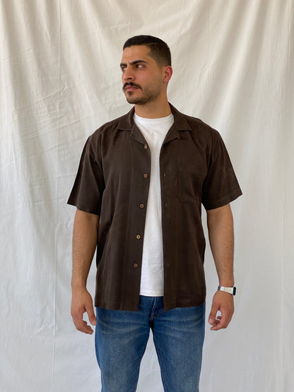Vintage Gold Tri-Mountain Brown Half Sleeve Button Up Pure Silk Men’s Shirt - M - Balagan Vintage Half Sleeve Shirt 90s, half sleeve shirt, Hawaiian shirt, mens shirt, printed shirt, Ramez, silk