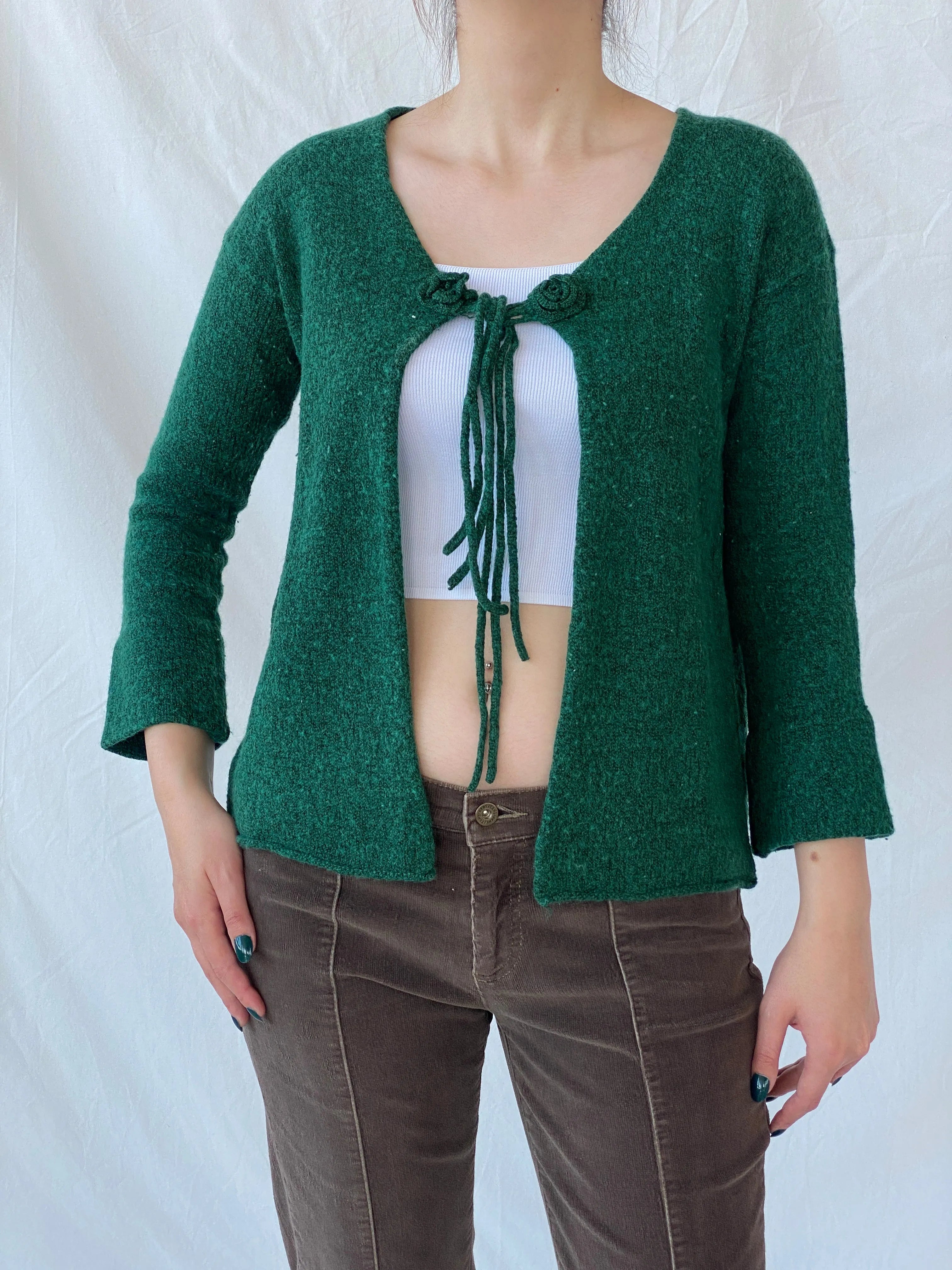 Vintage Green Knitted Women’s Wool Blend Front Tie Cardigan - L - Balagan Vintage Cardigan 00s, Ayah, cardigan, crochet, women top