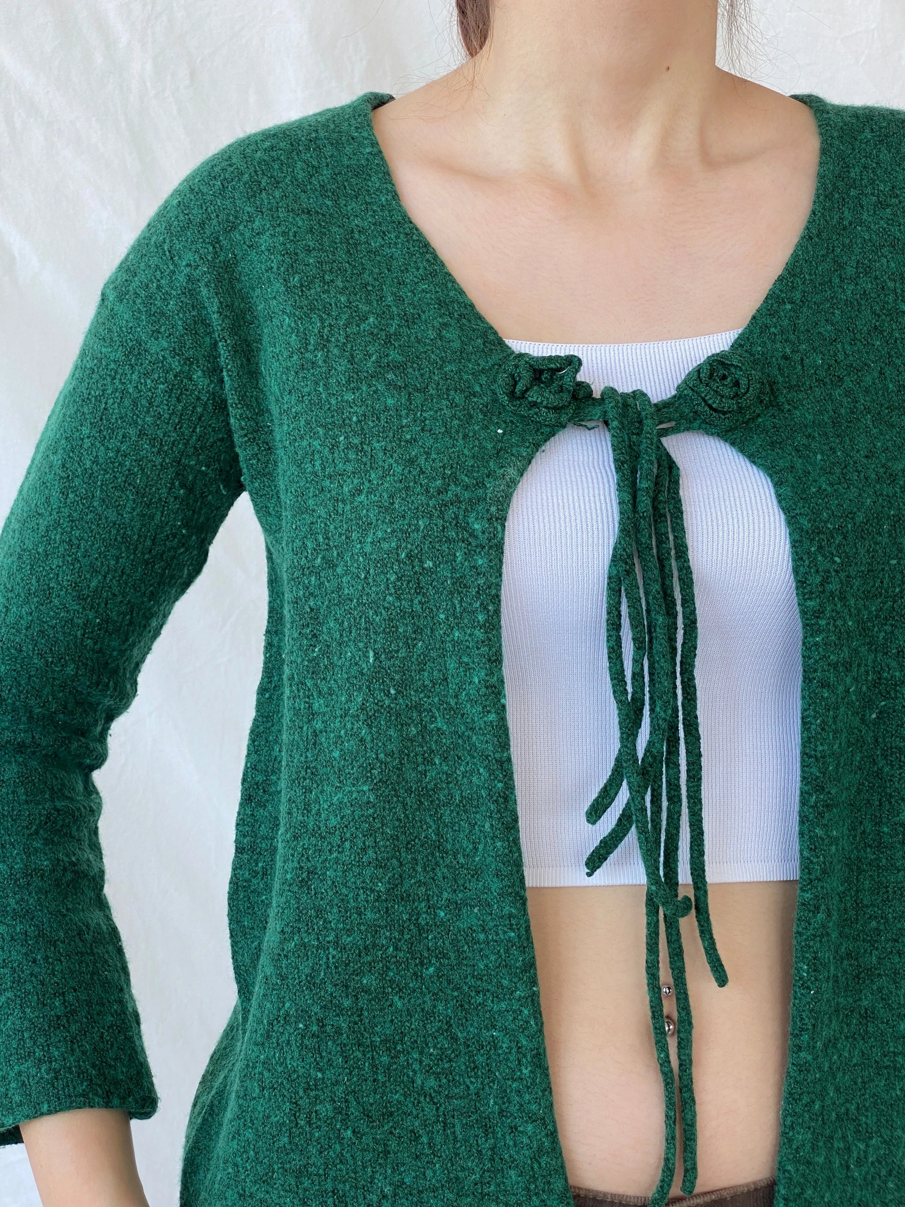 Vintage Green Knitted Women’s Wool Blend Front Tie Cardigan - L - Balagan Vintage Cardigan 00s, Ayah, cardigan, crochet, women top