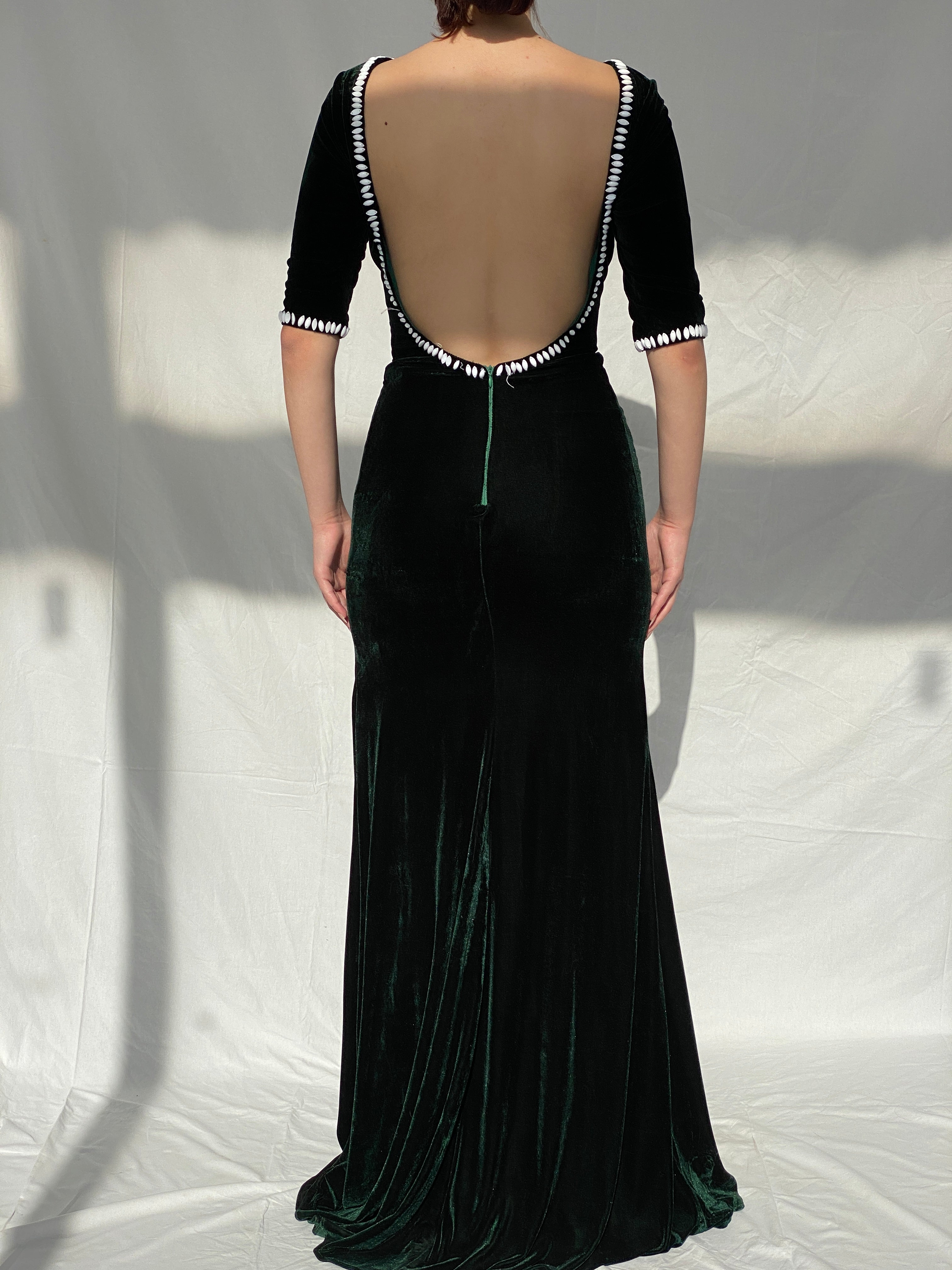 Vintage Green Velvet Maxi Dress With A Side Slit & Open Beaded Back - M - Balagan Vintage Maxi Dress 90s dress, Ayah, dress, formal gown, gown, maxi dress, velvet, velvet dress, Wedding Guest