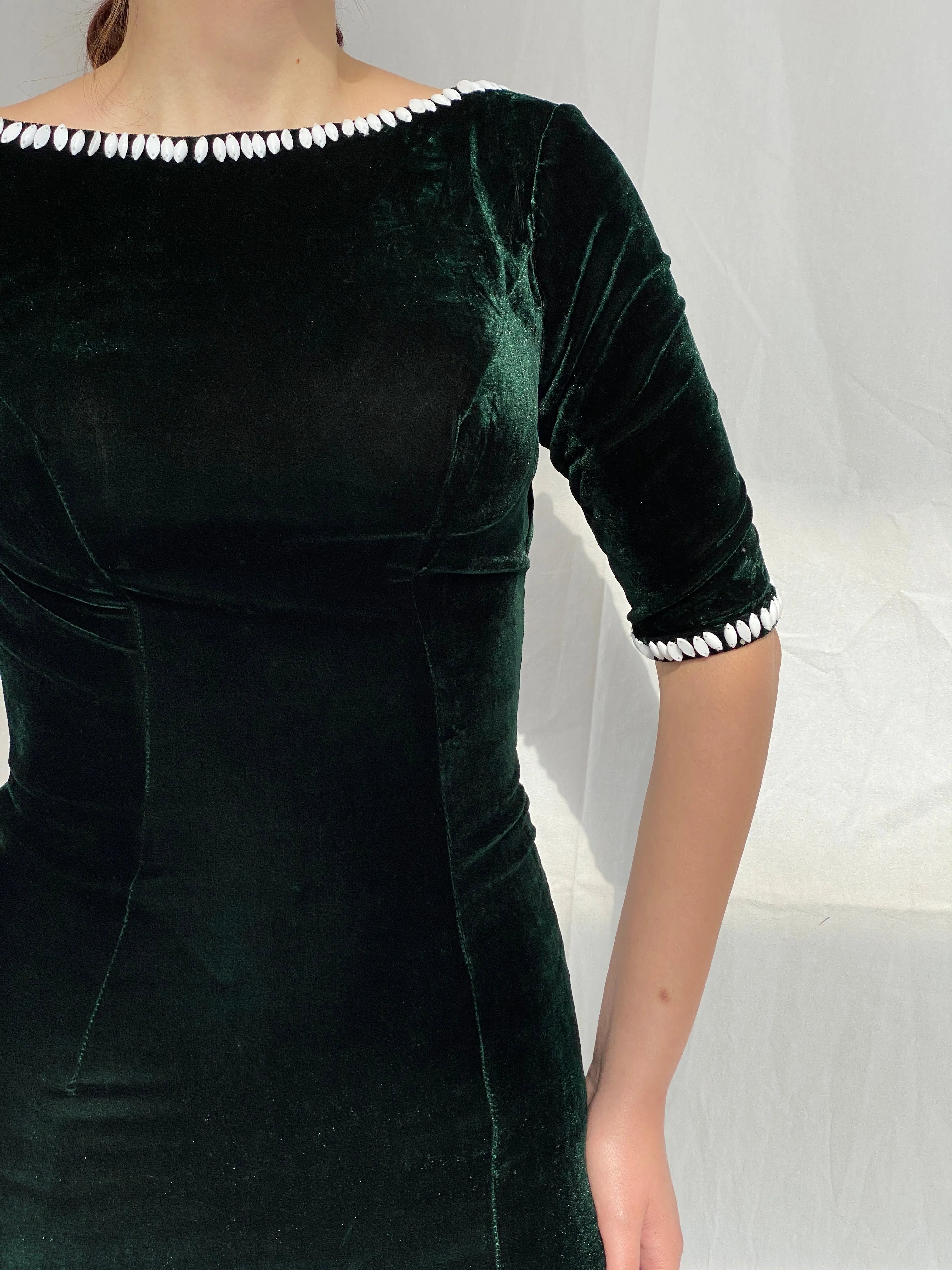 Vintage Green Velvet Maxi Dress With A Side Slit & Open Beaded Back - M - Balagan Vintage Maxi Dress 90s dress, Ayah, dress, formal gown, gown, maxi dress, velvet, velvet dress, Wedding Guest