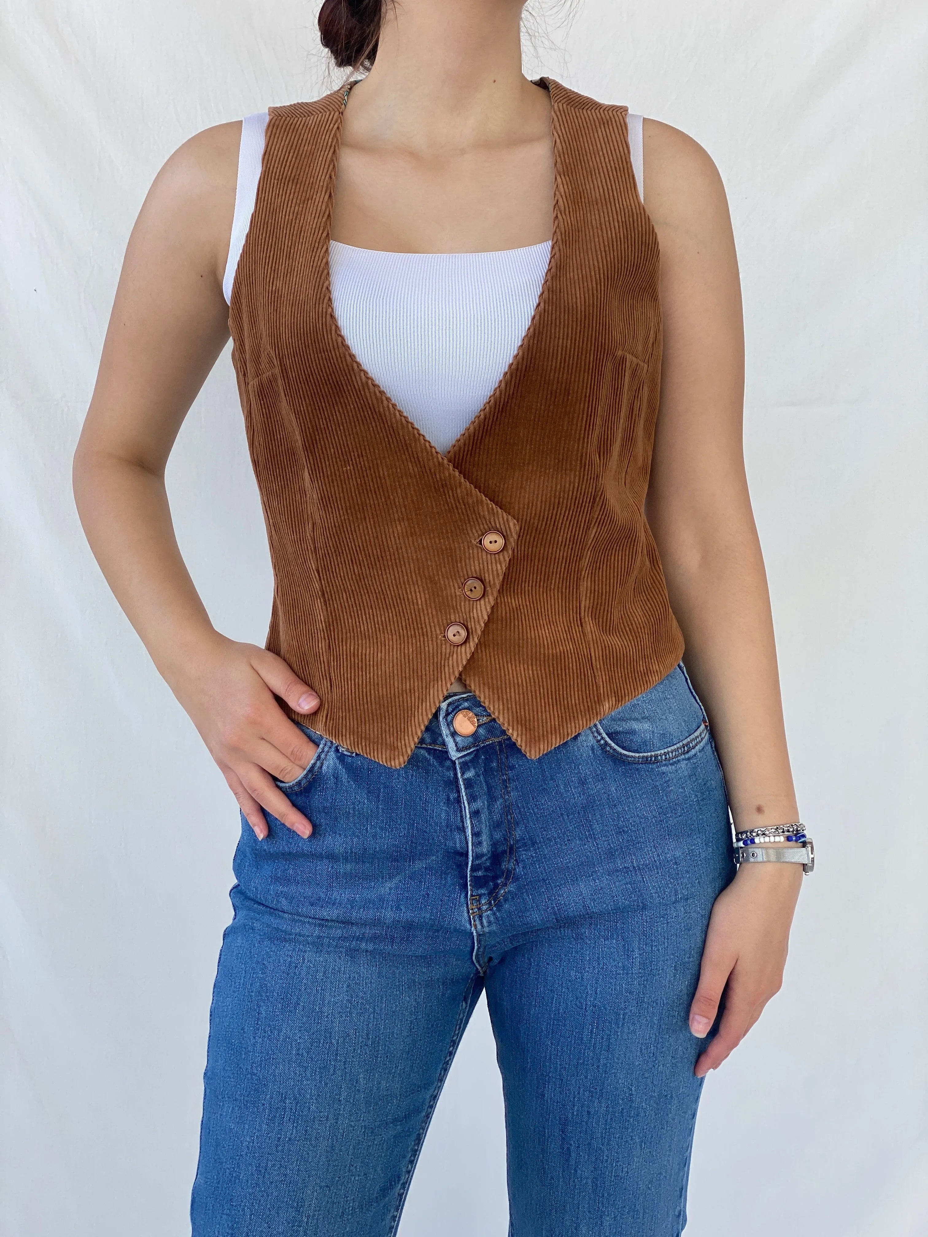 Vintage Groovy Brown Corduroy Asymmetric Vest - S - Balagan Vintage Vest Ayah, brown, corduroy, vest