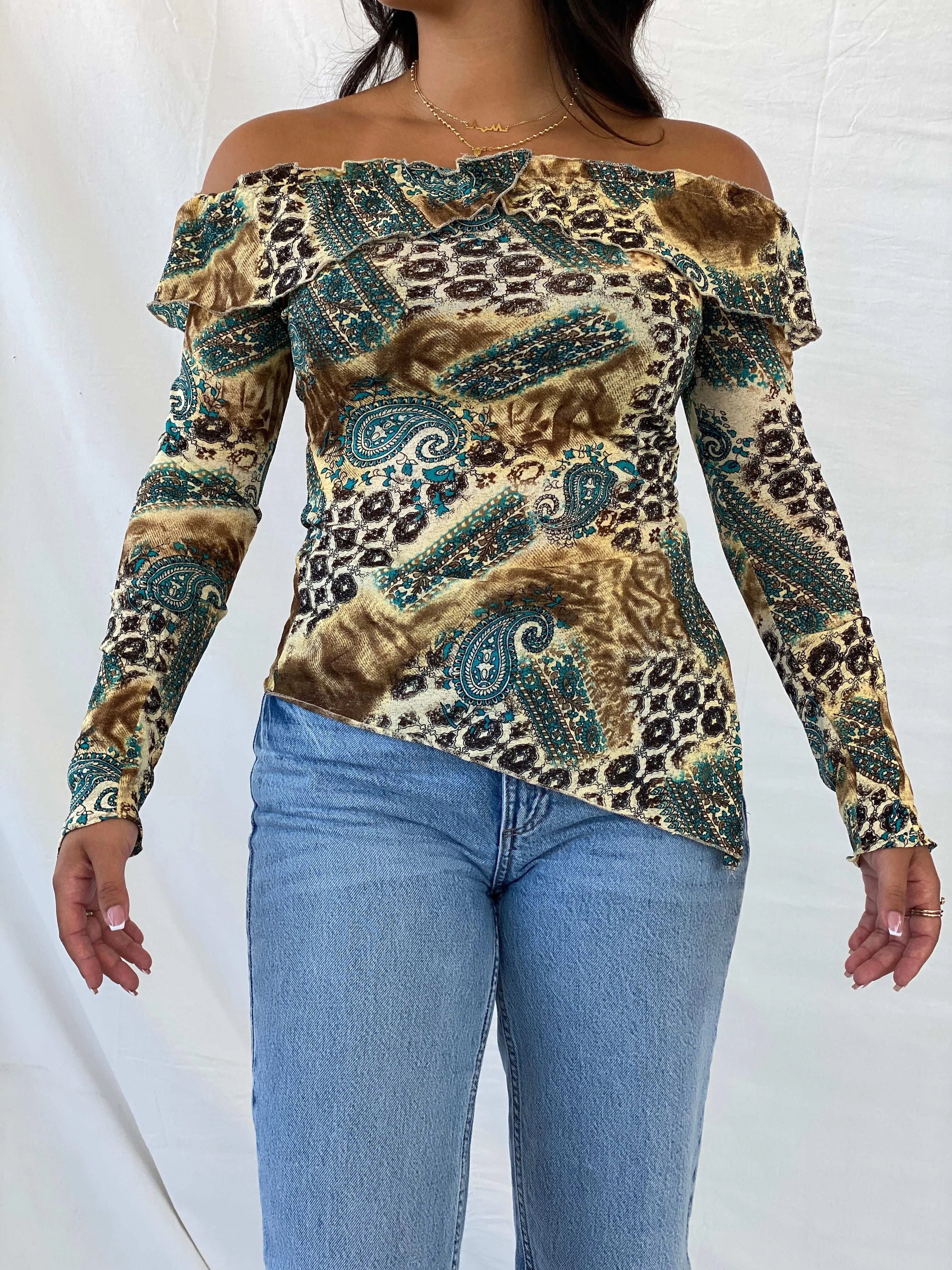 Vintage Gruppo Moda Beige and Blue Floral Off-Shoulder Top - S - Balagan Vintage Full Sleeve Top 90s, floral, floral mesh, floral print, Lana, mesh, mesh top