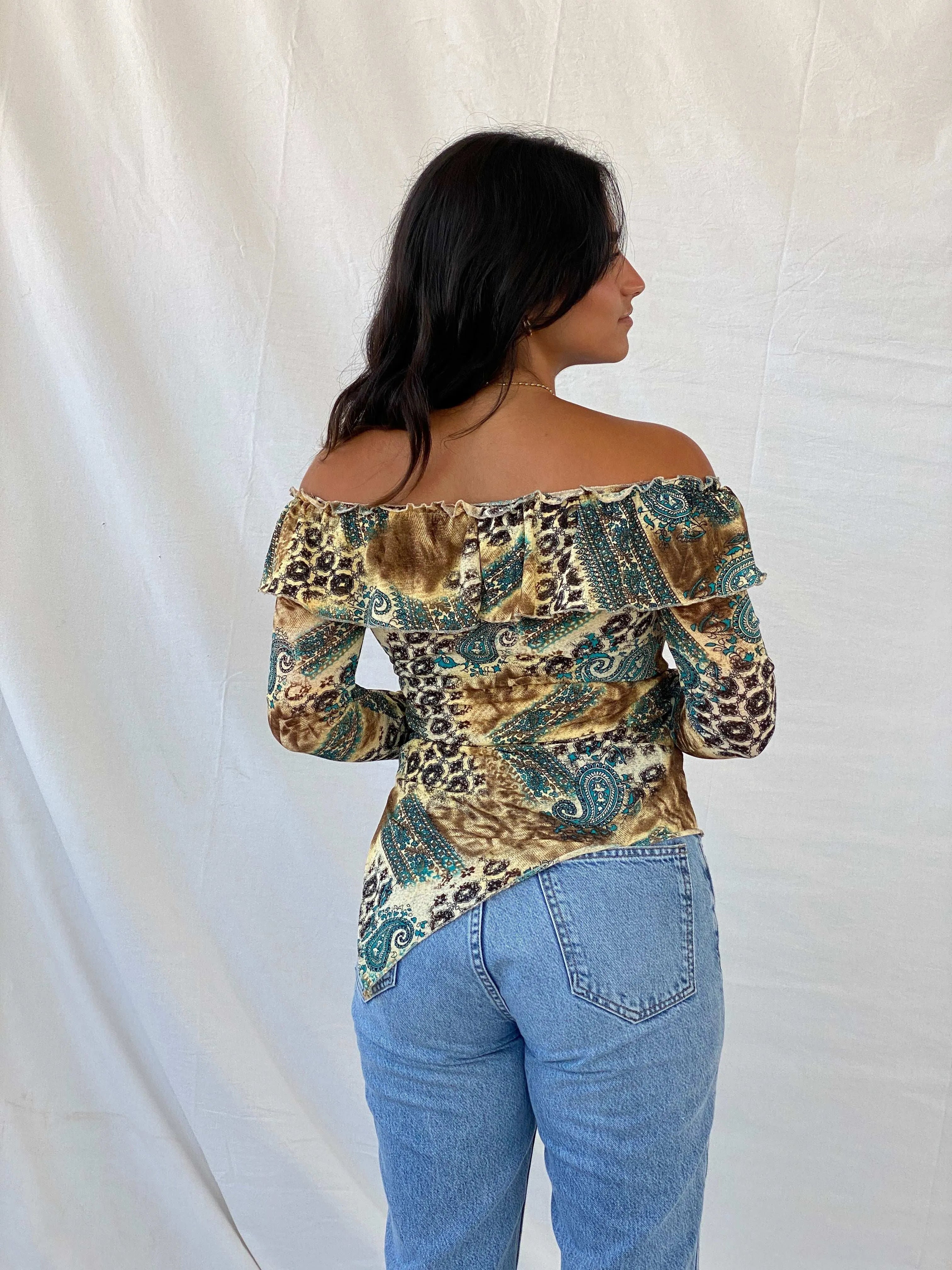 Vintage Gruppo Moda Beige and Blue Floral Off-Shoulder Top - S - Balagan Vintage Full Sleeve Top 90s, floral, floral mesh, floral print, Lana, mesh, mesh top