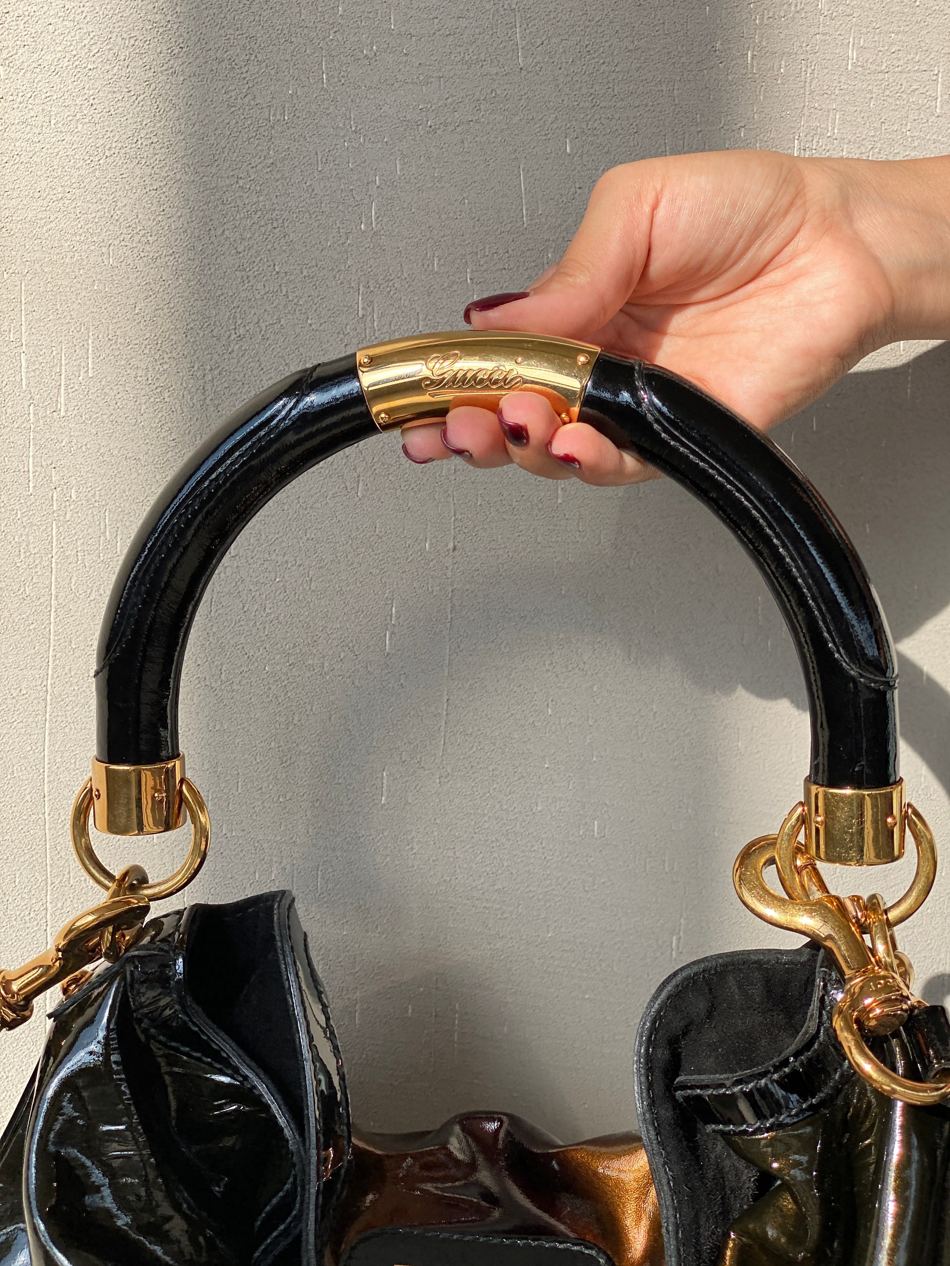 Vintage Gucci Indy Bamboo Patent Leather Black Bronze Satchel Bag - Balagan Vintage Handbags 90s, consignment, Gucci, rare find, rare vintage, Sadouf