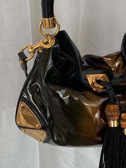 Vintage Gucci Indy Bamboo Patent Leather Black Bronze Satchel Bag - Balagan Vintage Handbags 90s, consignment, Deals, Gucci, rare find, rare vintage, Sadouf
