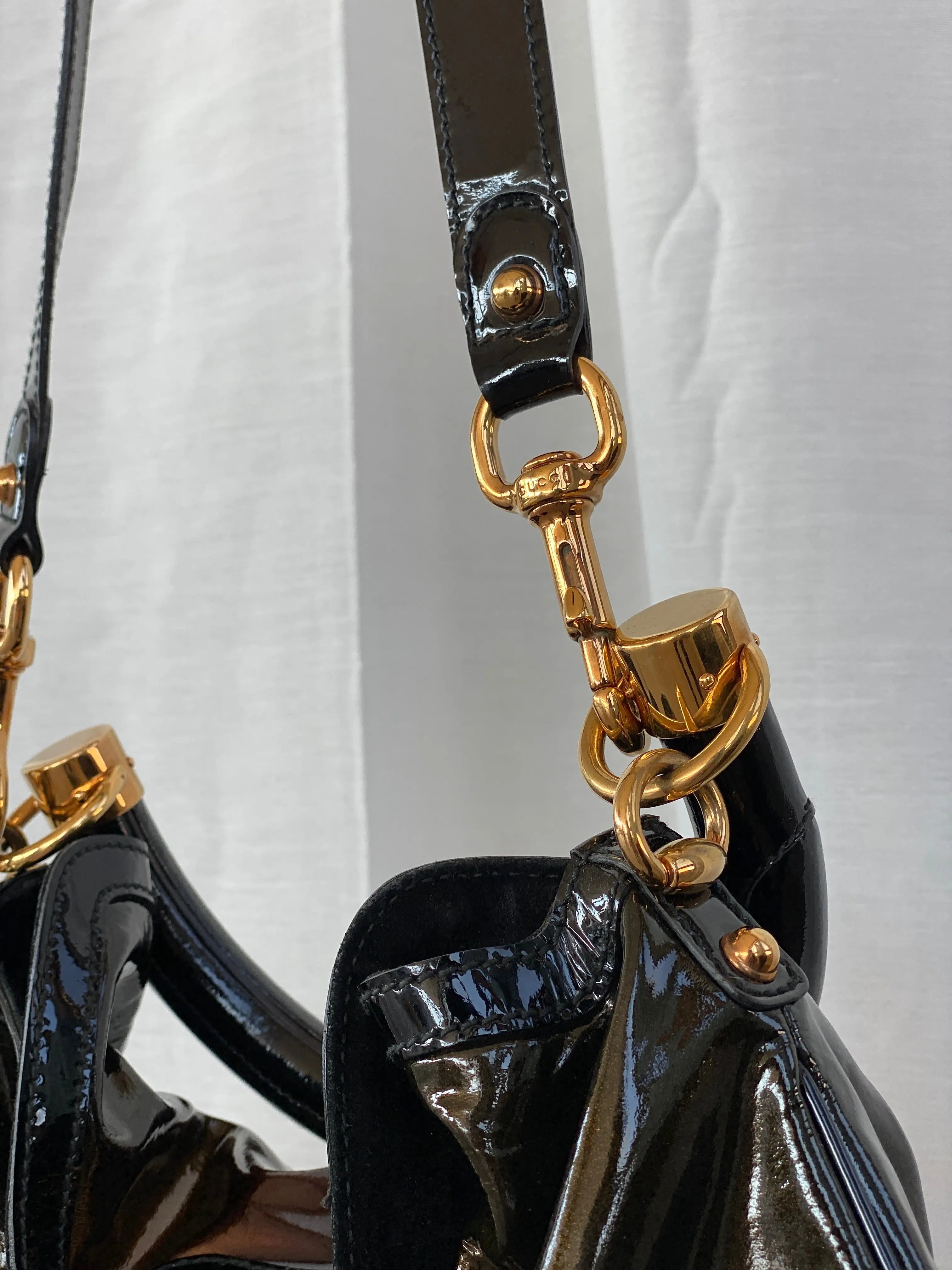 Vintage Gucci Indy Bamboo Patent Leather Black Bronze Satchel Bag - Balagan Vintage Handbags 90s, consignment, Deals, Gucci, rare find, rare vintage, Sadouf