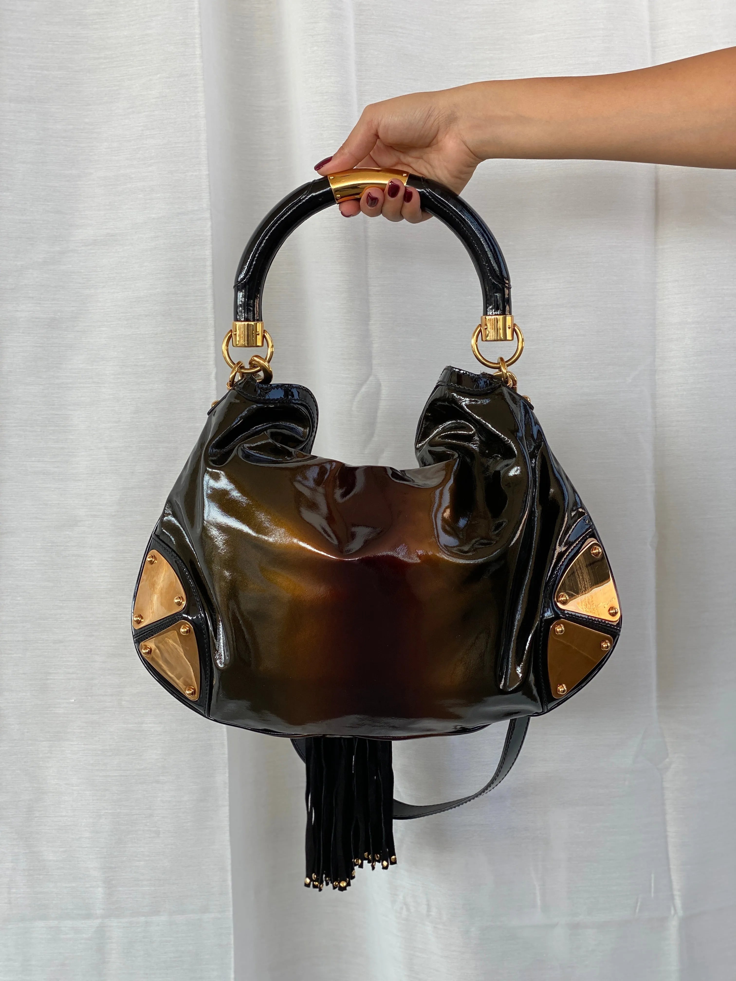 Vintage Gucci Indy Bamboo Patent Leather Black Bronze Satchel Bag - Balagan Vintage Handbags 90s, consignment, Deals, Gucci, rare find, rare vintage, Sadouf