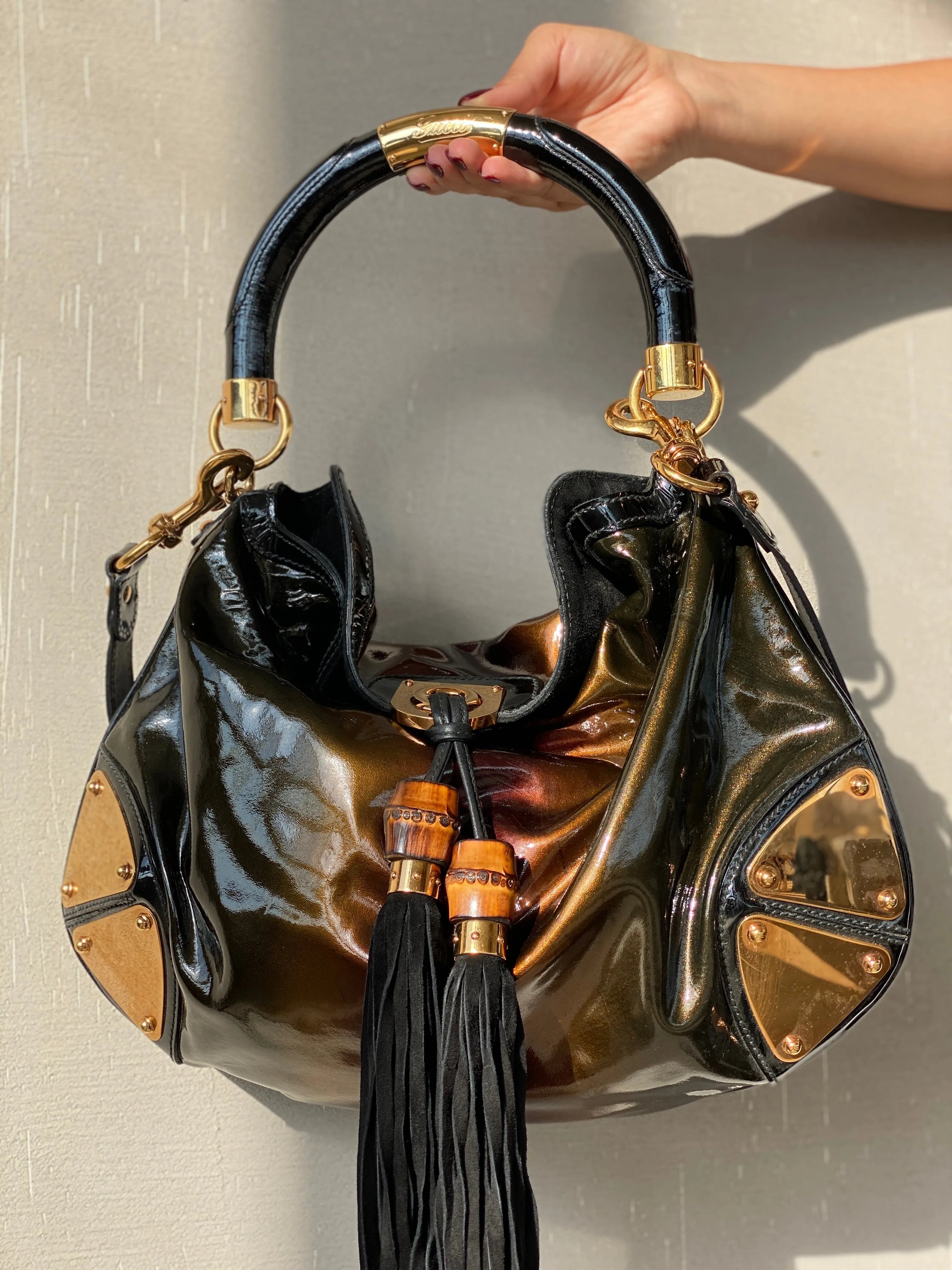 Vintage Gucci Indy Bamboo Patent Leather Black Bronze Satchel Bag - Balagan Vintage Handbags 90s, consignment, Deals, Gucci, rare find, rare vintage, Sadouf