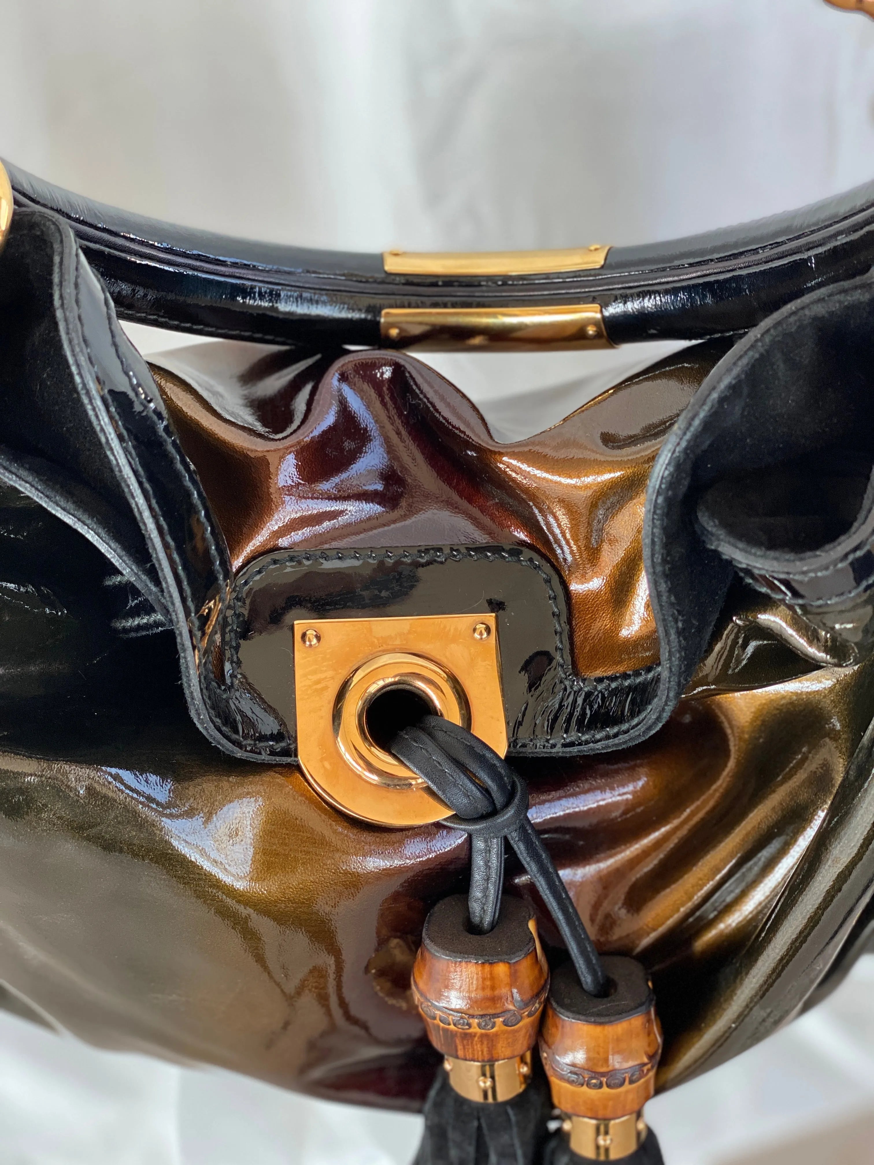 Vintage Gucci Indy Bamboo Patent Leather Black Bronze Satchel Bag - Balagan Vintage Handbags 90s, consignment, Deals, Gucci, rare find, rare vintage, Sadouf
