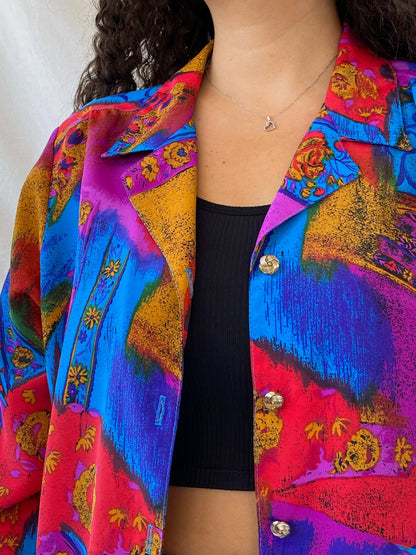 Vintage GW Division of Graff Gold Buttoned Multi-Color Shirt - L - Balagan Vintage Full Sleeve Shirt 00s, 90s, Deals, Dina, floral, floral shirt, full sleeve shirt, multicolored, oversized, oversized shirt, printed shirt, women shirt