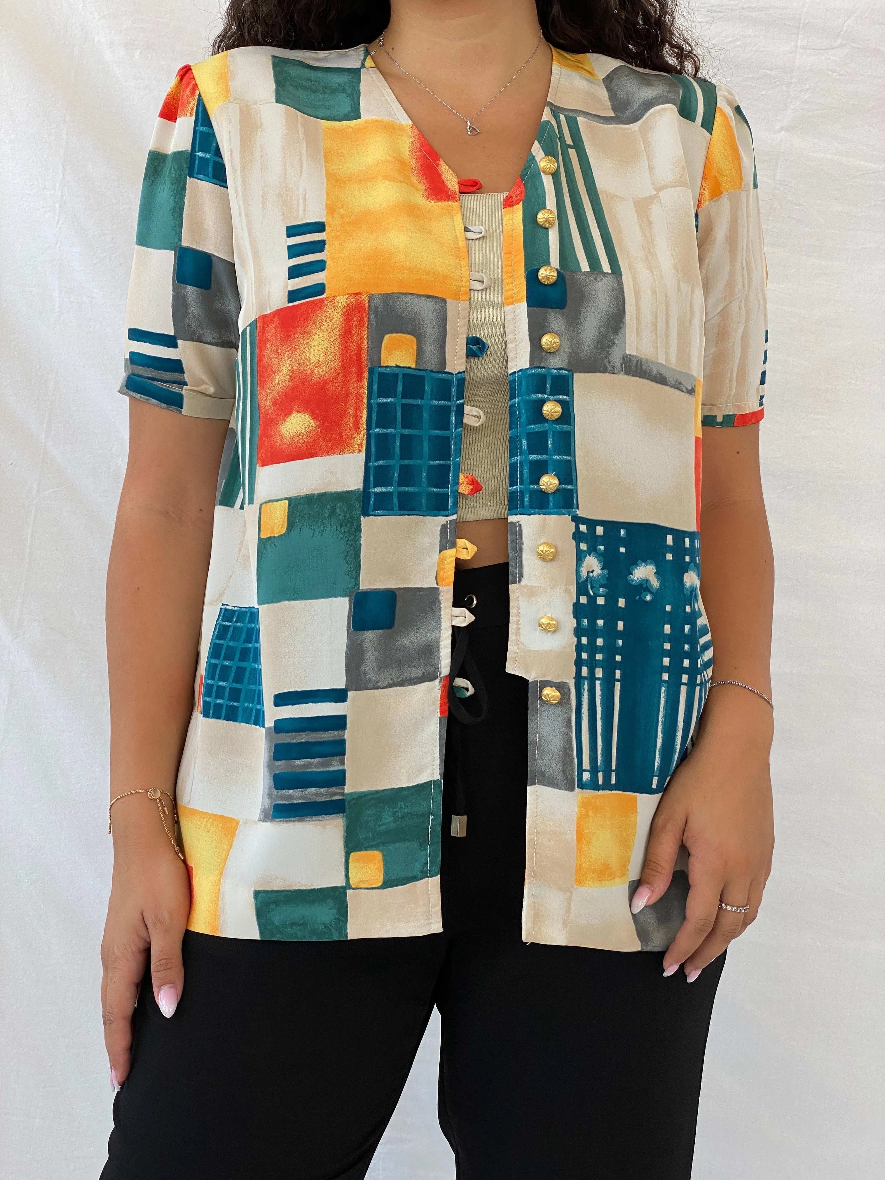Vintage Handmade Abstract Multi-Colored Gold Buttoned Shirt - L - Balagan Vintage Half Sleeve Shirt 00s, 90s, Dina, half sleeve shirt