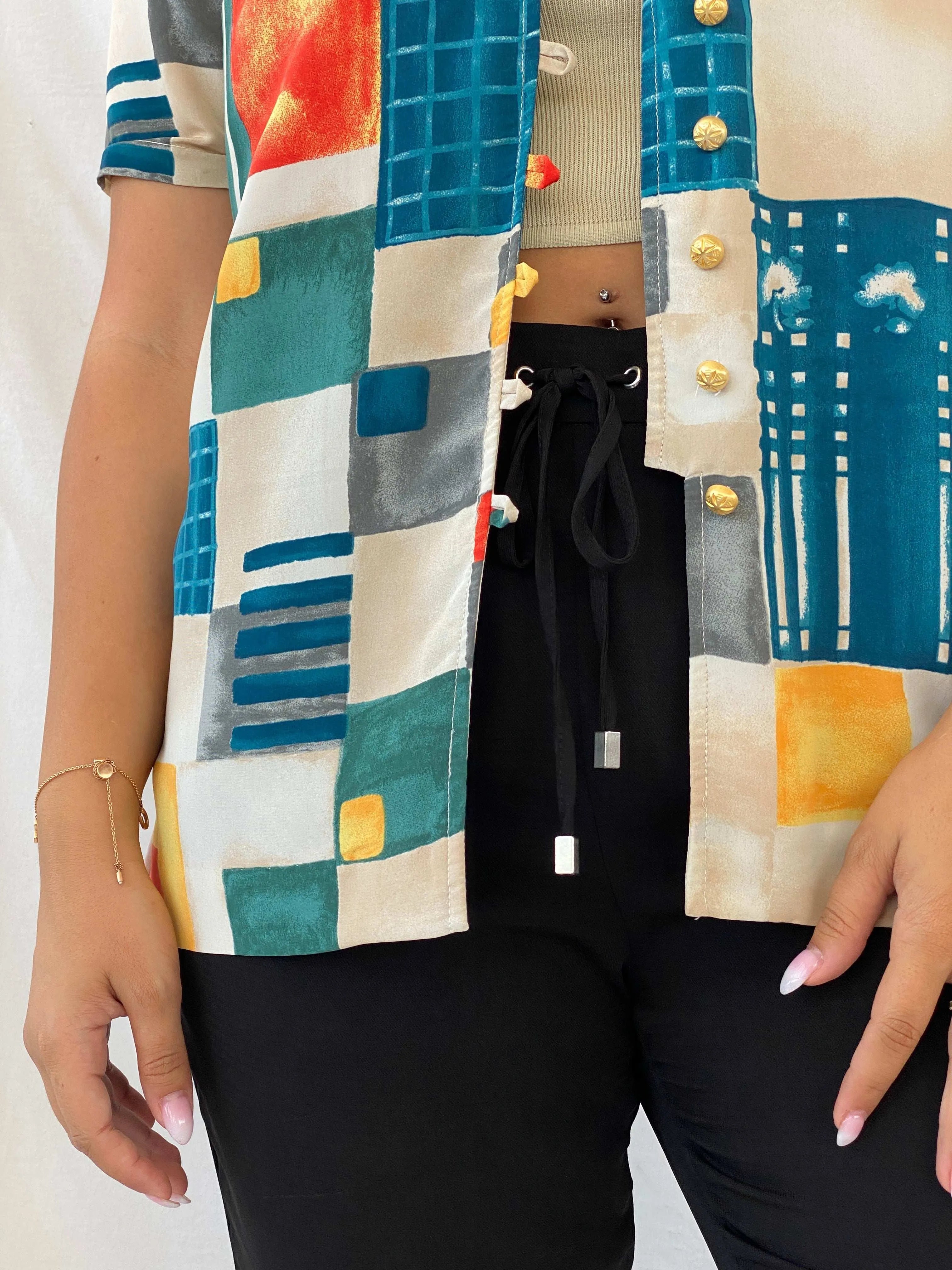 Vintage Handmade Abstract Multi-Colored Gold Buttoned Shirt - L - Balagan Vintage Half Sleeve Shirt 00s, 90s, Dina, half sleeve shirt