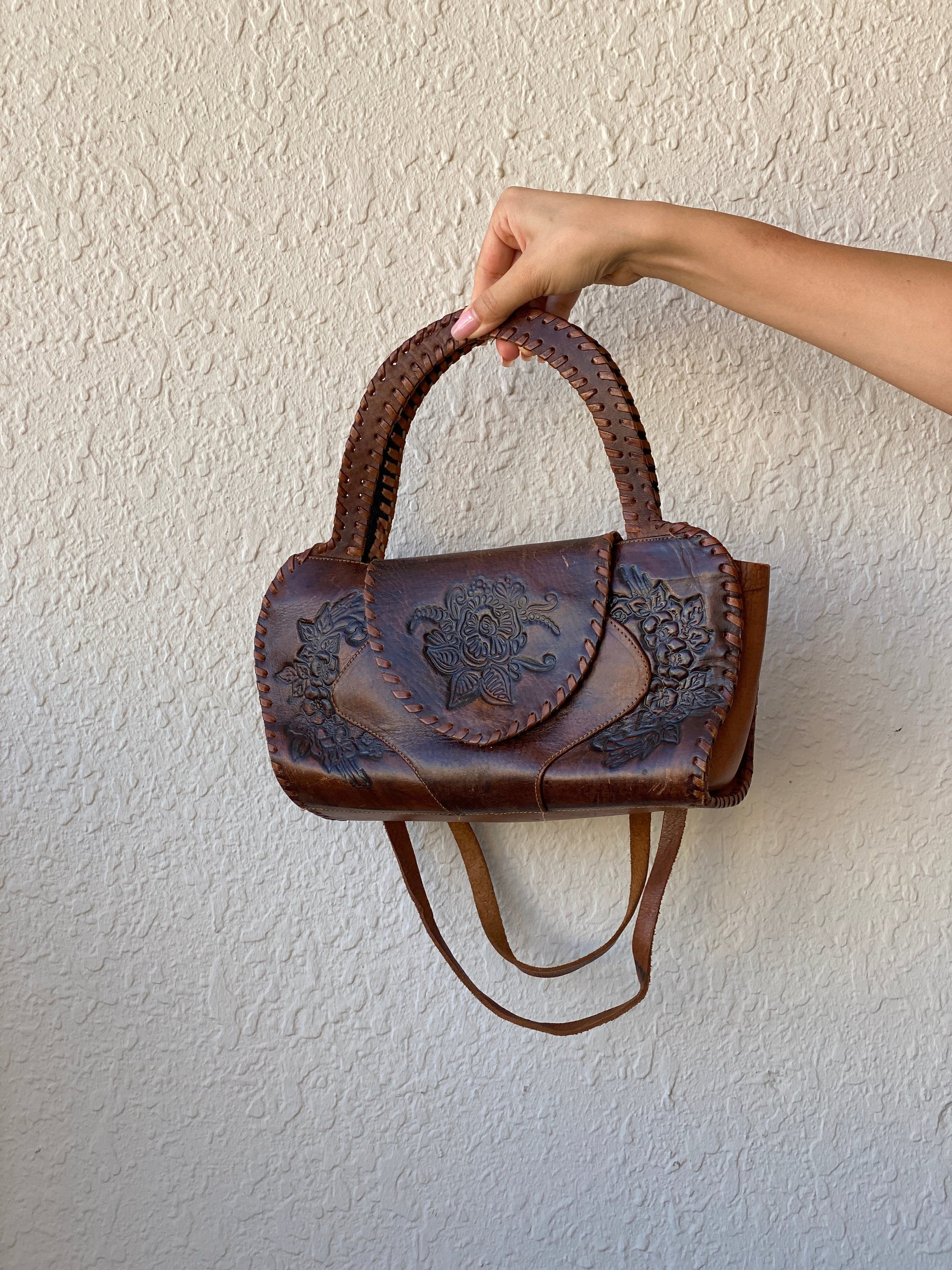 Vintage Handmade African Leather Purse Brown Floral Embossed Shoulder Bag - Balagan Vintage Shoulder Bag 00s, 90s, bag, consignment, genuine leather, shoulder bag, summer, Tojan, Y2K