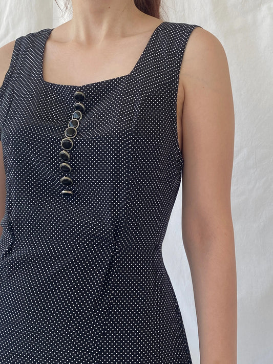 Vintage Handmade Black and White Polka Dots Sleeveless Midi Dress - S - Balagan Vintage Midi Dress Ayah, black dress, dress, midi dress, vintage dress