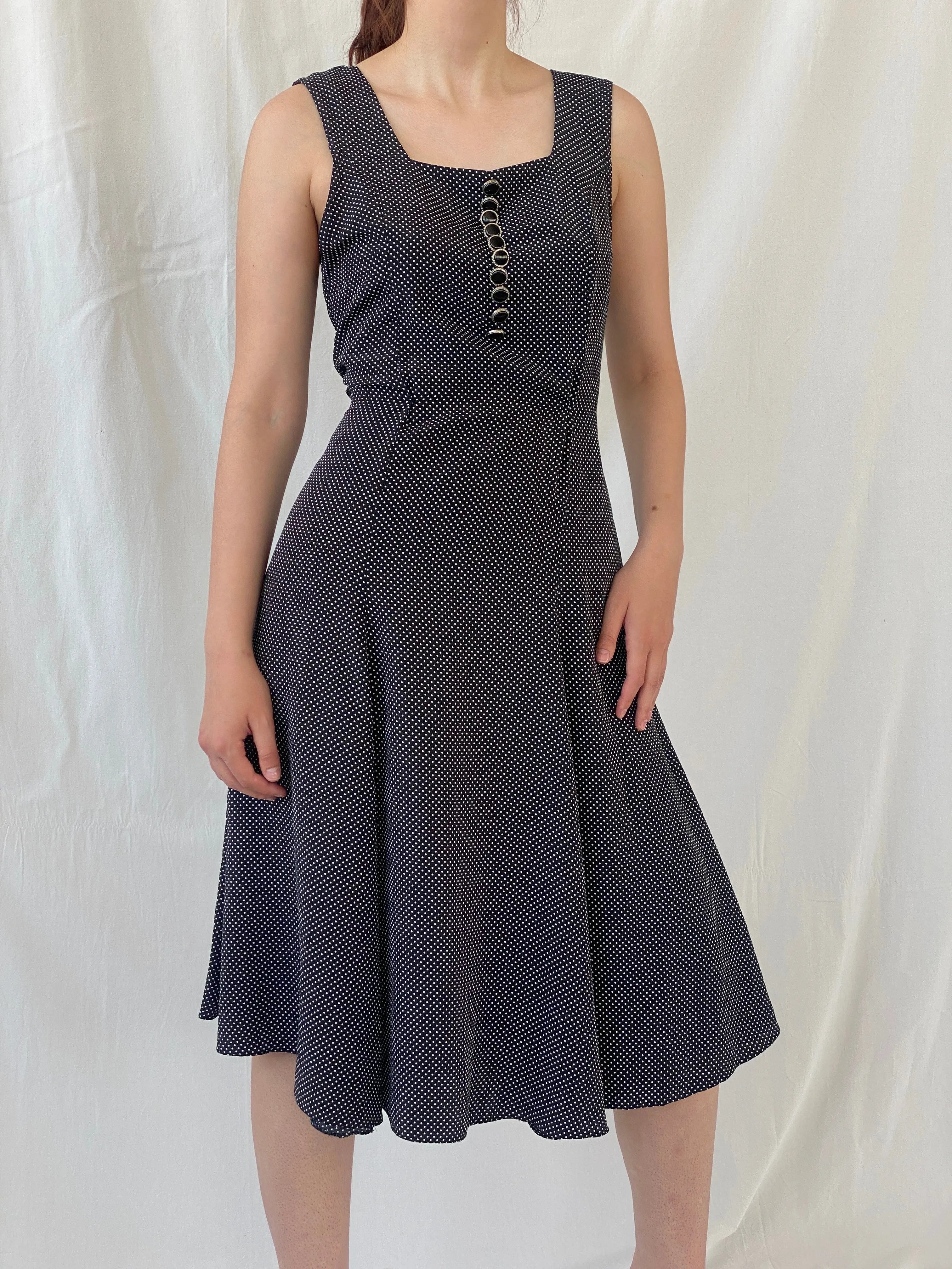 Vintage Handmade Black and White Polka Dots Sleeveless Midi Dress - S - Balagan Vintage Midi Dress Ayah, black dress, dress, midi dress, vintage dress