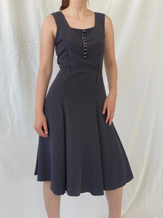 Vintage Handmade Black and White Polka Dots Sleeveless Midi Dress - S - Balagan Vintage Midi Dress Ayah, black dress, dress, midi dress, vintage dress