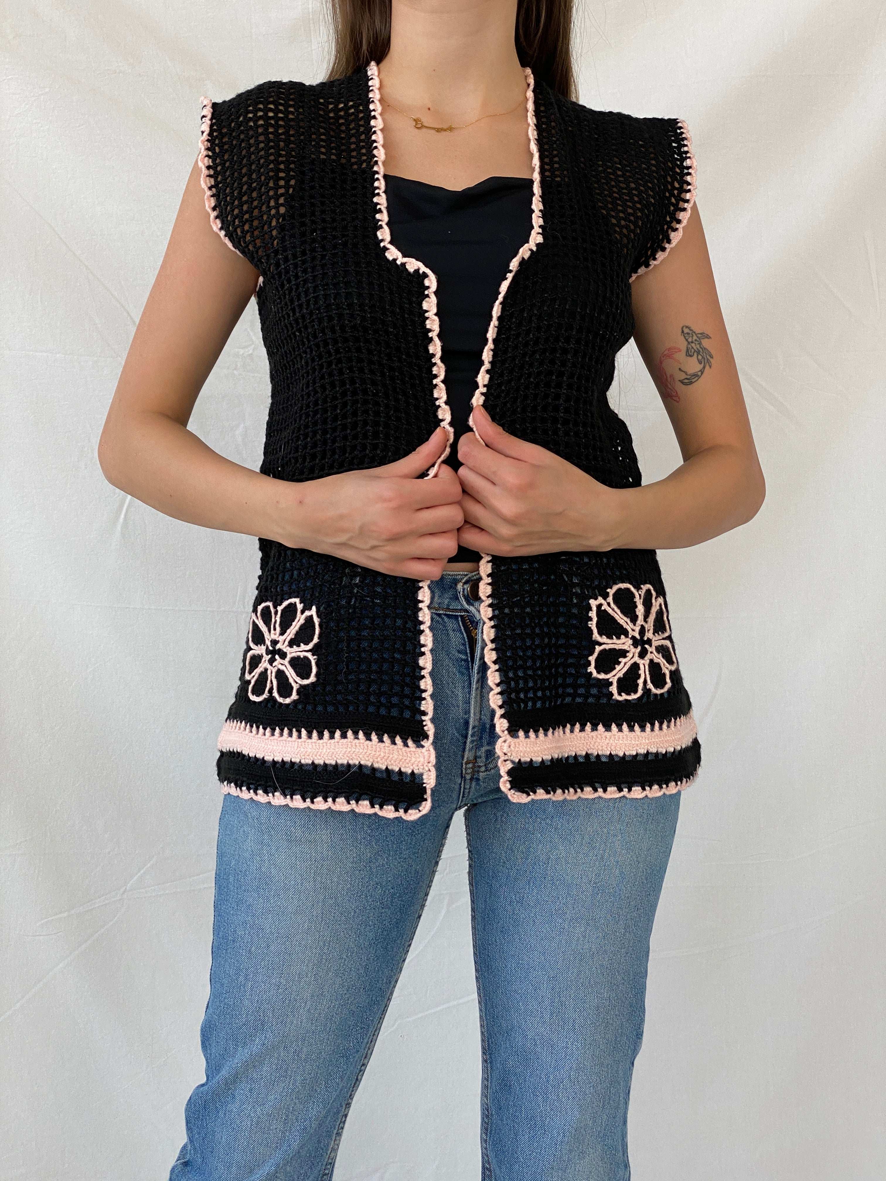 Vintage Handmade Black Knitted Crochet Vest with Pink Details - L - Balagan Vintage Vest 00s, crochet, Mira, vest, winter, women top