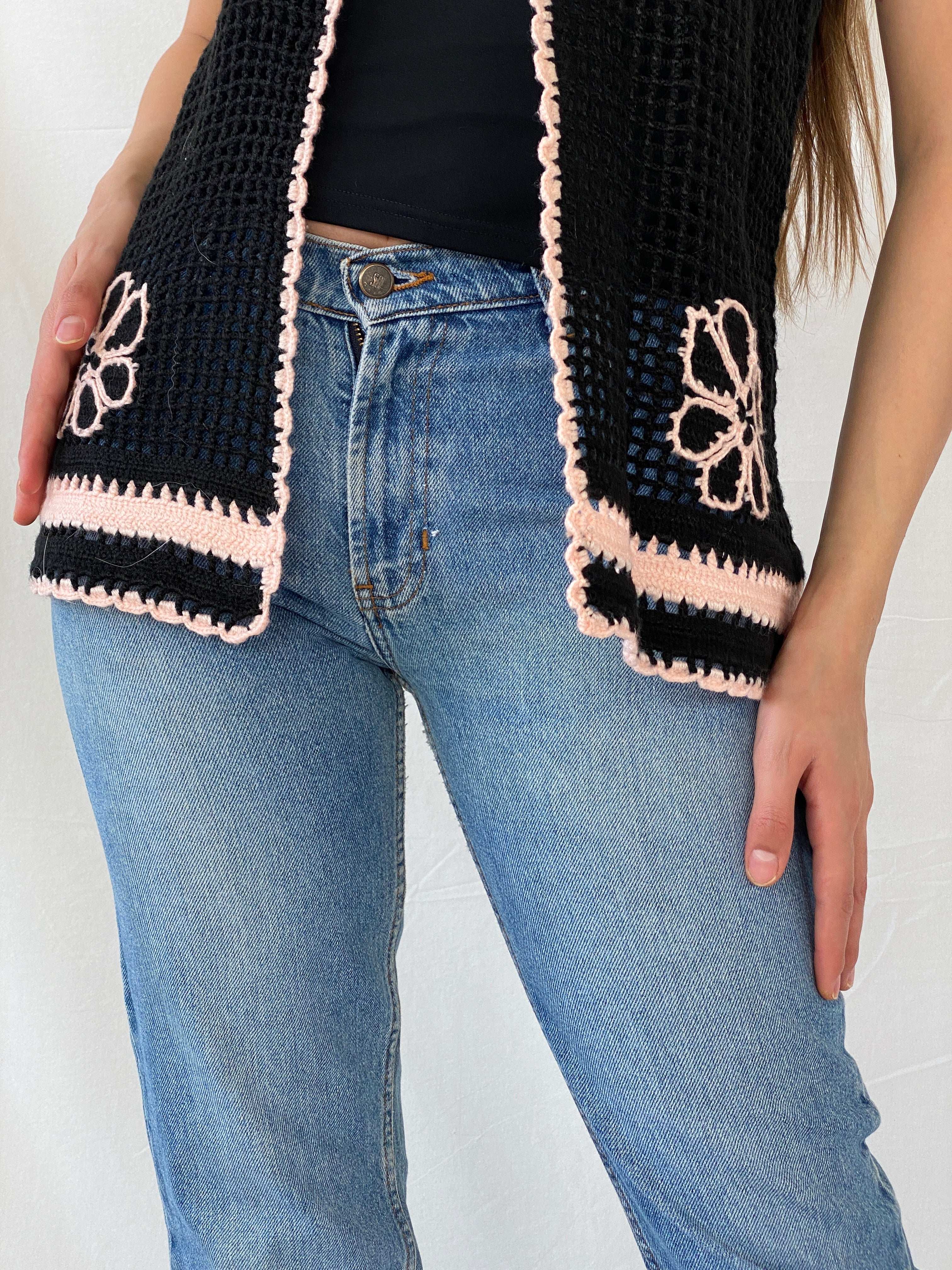 Vintage Handmade Black Knitted Crochet Vest with Pink Details - L - Balagan Vintage Vest 00s, crochet, Mira, vest, winter, women top