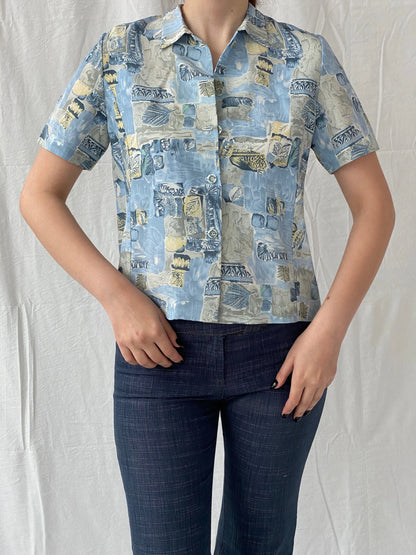 Vintage Handmade Blue Half Sleeve Button Up Women’s Shirt - M - Balagan Vintage Half Sleeve Shirt 00s, Ayah, shirt, women shirt