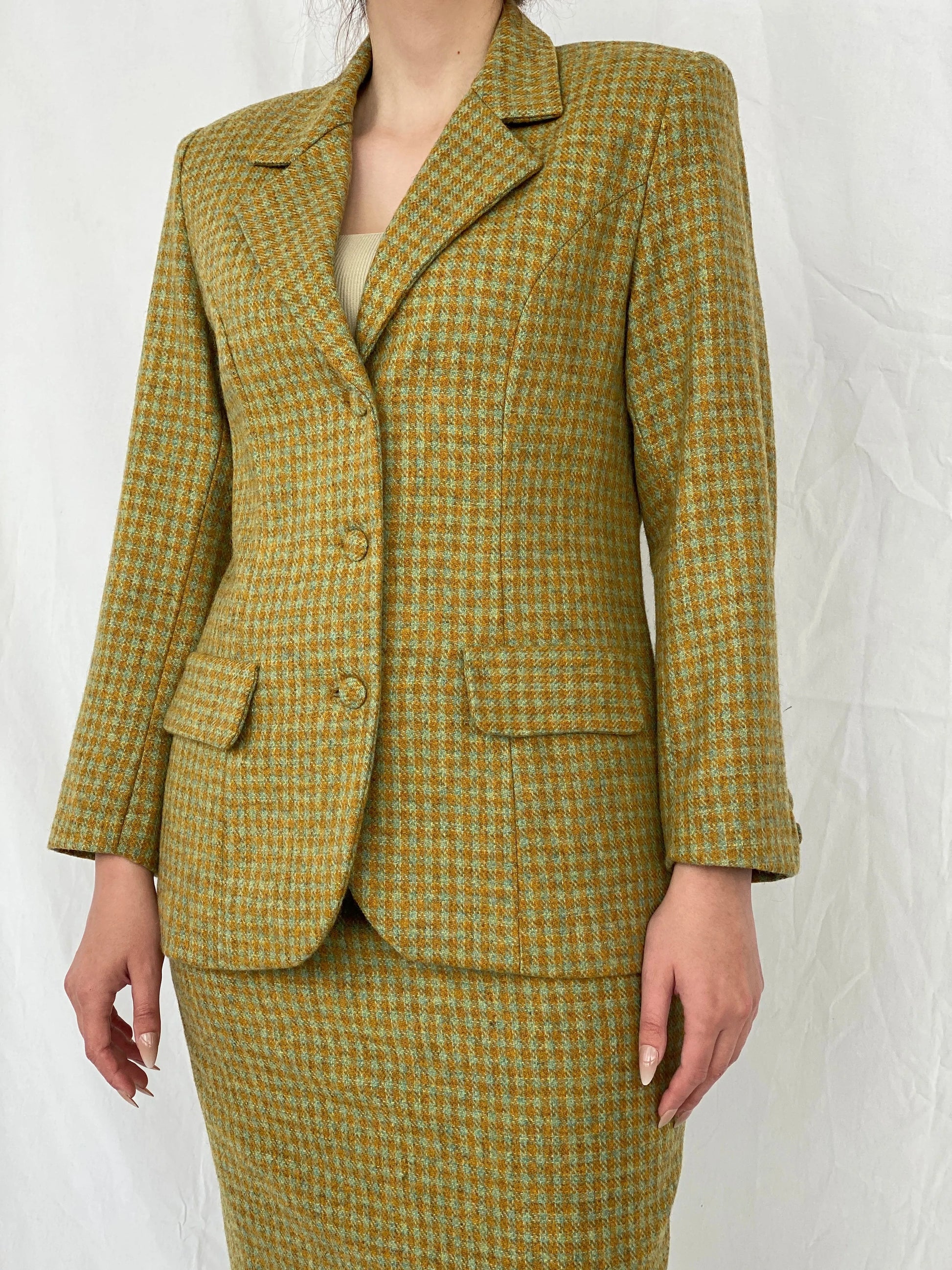 Vintage Handmade Checkered Yellow & Green Wool Blend Blazer Skirt Set - M - Balagan Vintage Midi Dress Ayah, blazer, dress, half sleeve blazer, midi dress, plaid, plaid blazer, tweed blazer