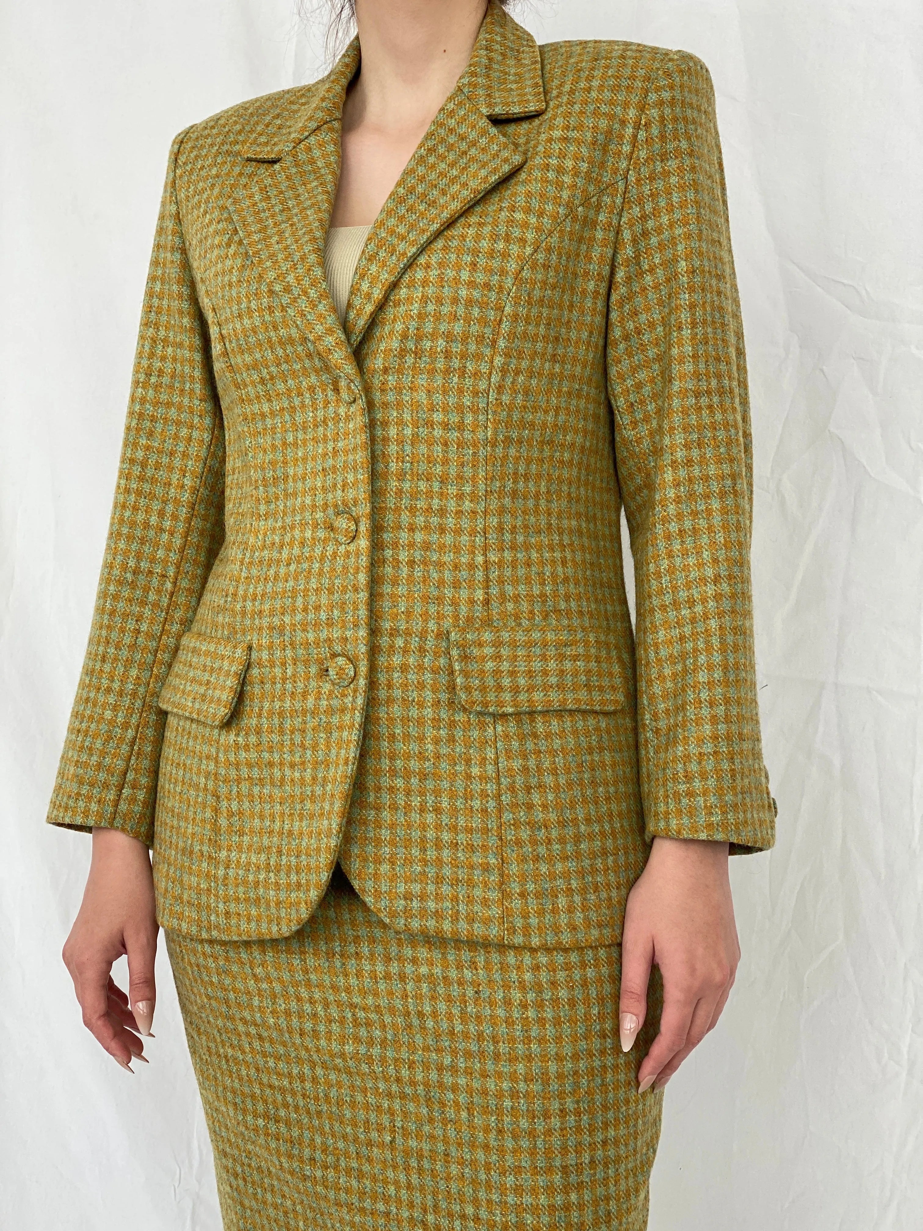 Vintage Handmade Checkered Yellow & Green Wool Blend Blazer Skirt Set - M - Balagan Vintage Midi Dress Ayah, blazer, dress, half sleeve blazer, midi dress, plaid, plaid blazer, tweed blazer