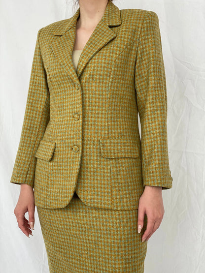 Vintage Handmade Checkered Yellow & Green Wool Blend Blazer Skirt Set - M - Balagan Vintage Midi Dress Ayah, blazer, dress, half sleeve blazer, midi dress, plaid, plaid blazer, tweed blazer