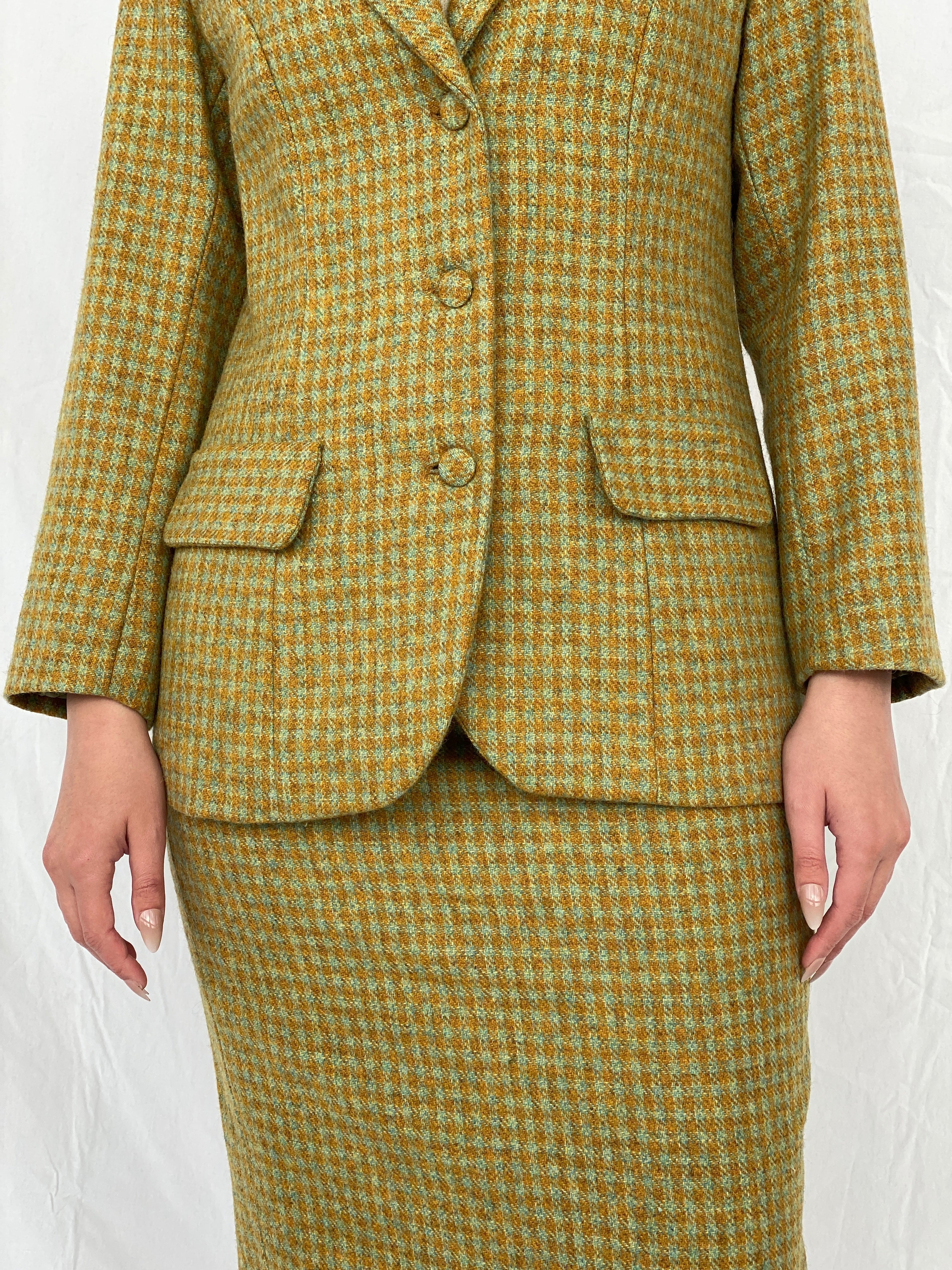 Vintage Handmade Checkered Yellow & Green Wool Blend Blazer Skirt Set - M - Balagan Vintage Midi Dress Ayah, blazer, dress, half sleeve blazer, midi dress, NEW IN, plaid, plaid blazer, tweed blazer