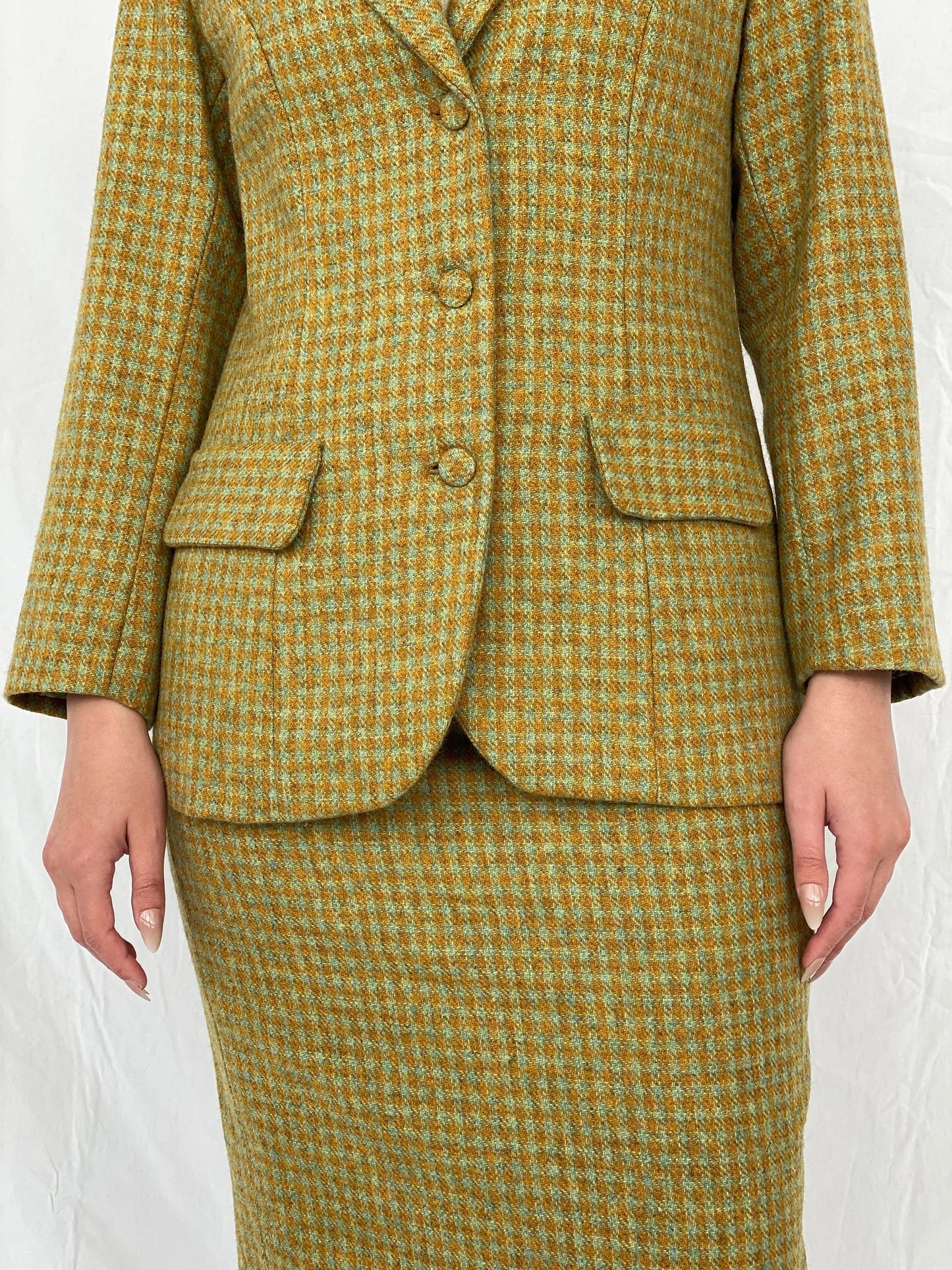 Vintage Handmade Checkered Yellow & Green Wool Blend Blazer Skirt Set - M - Balagan Vintage Midi Dress Ayah, blazer, dress, half sleeve blazer, midi dress, plaid, plaid blazer, tweed blazer