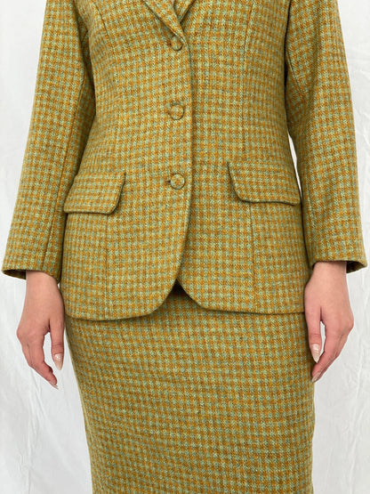 Vintage Handmade Checkered Yellow & Green Wool Blend Blazer Skirt Set - M - Balagan Vintage Midi Dress Ayah, blazer, dress, half sleeve blazer, midi dress, plaid, plaid blazer, tweed blazer