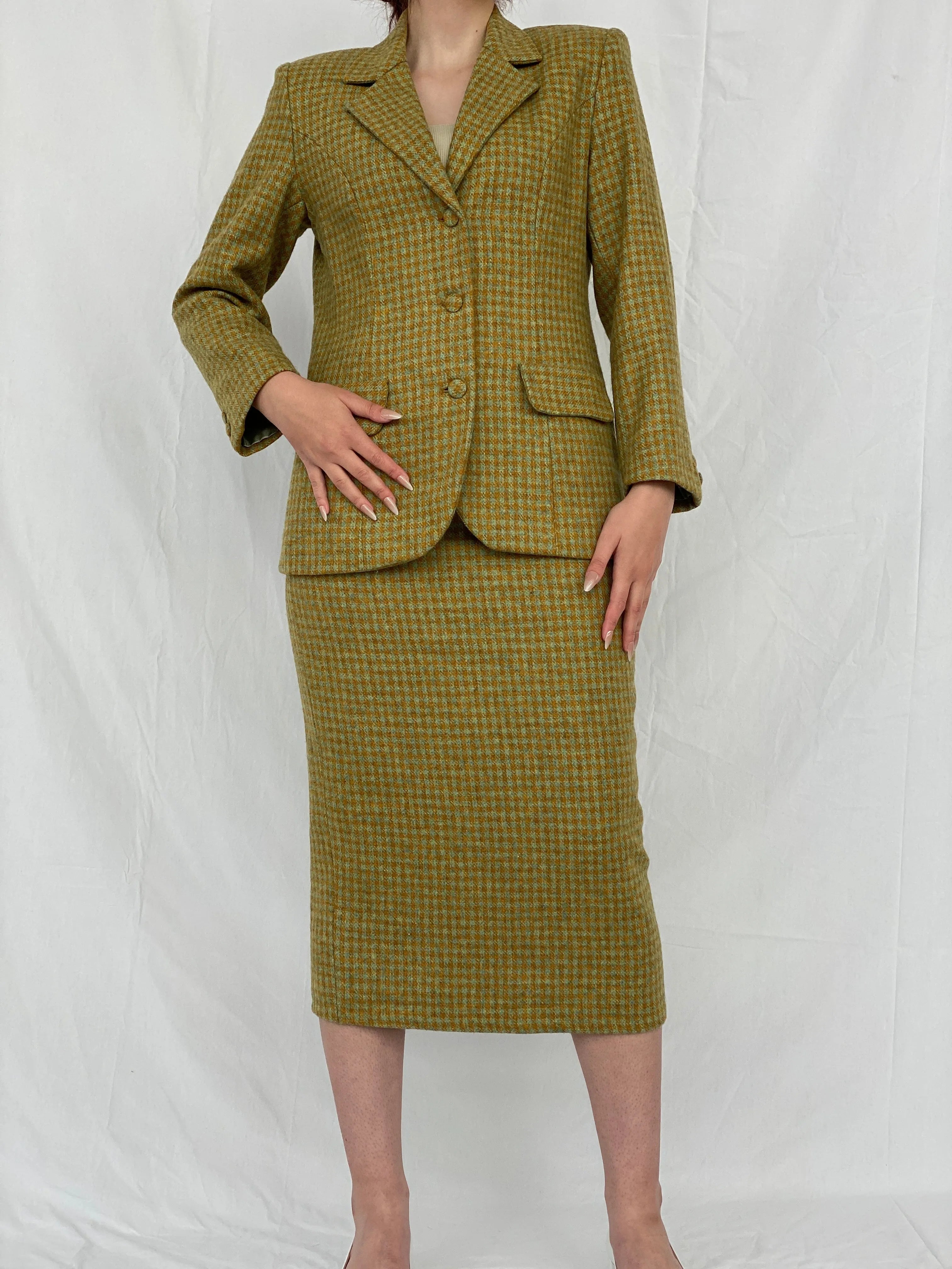 Vintage Handmade Checkered Yellow & Green Wool Blend Blazer Skirt Set - M - Balagan Vintage Midi Dress Ayah, blazer, dress, half sleeve blazer, midi dress, plaid, plaid blazer, tweed blazer