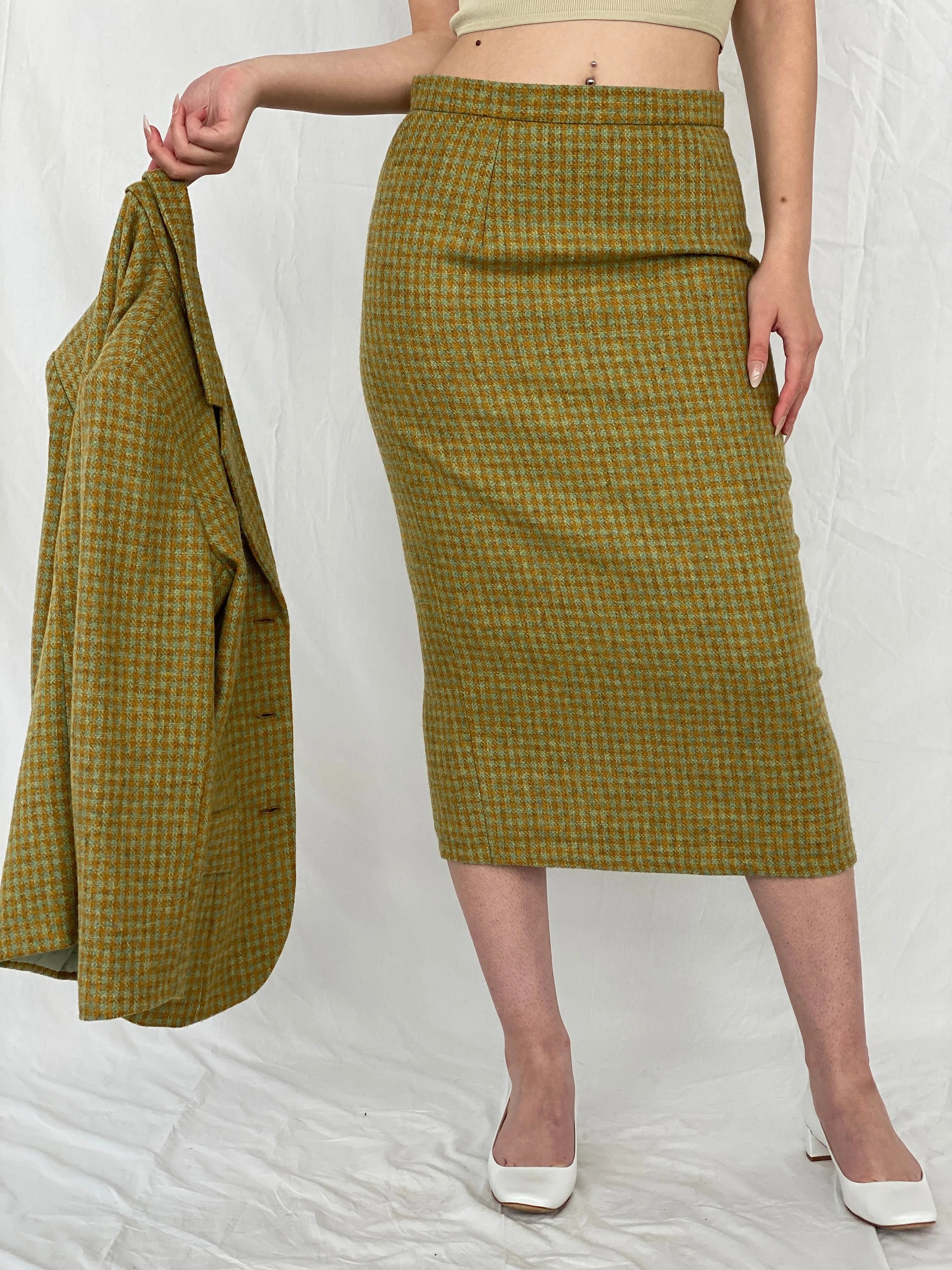 Vintage Handmade Checkered Yellow & Green Wool Blend Blazer Skirt Set - M - Balagan Vintage Midi Dress Ayah, blazer, dress, half sleeve blazer, midi dress, plaid, plaid blazer, tweed blazer