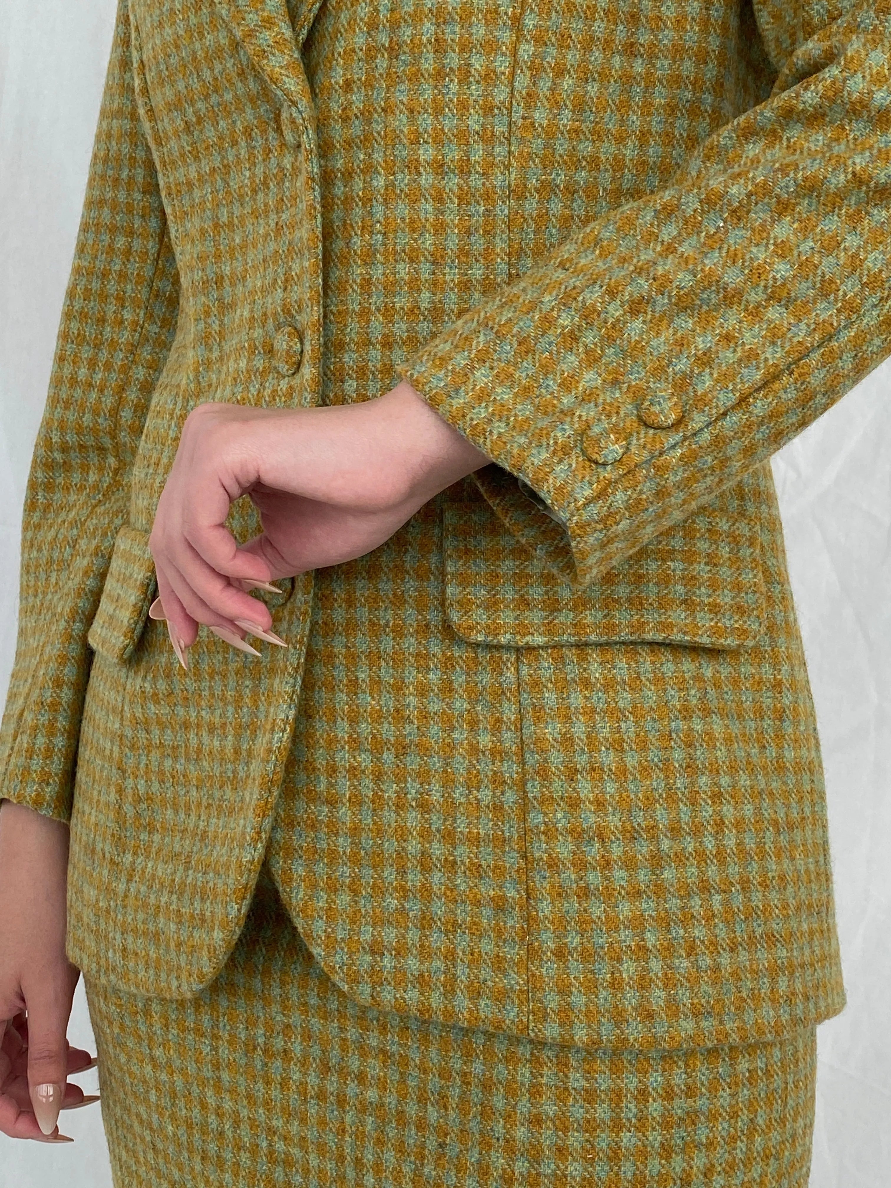Vintage Handmade Checkered Yellow & Green Wool Blend Blazer Skirt Set - M - Balagan Vintage Midi Dress Ayah, blazer, dress, half sleeve blazer, midi dress, plaid, plaid blazer, tweed blazer