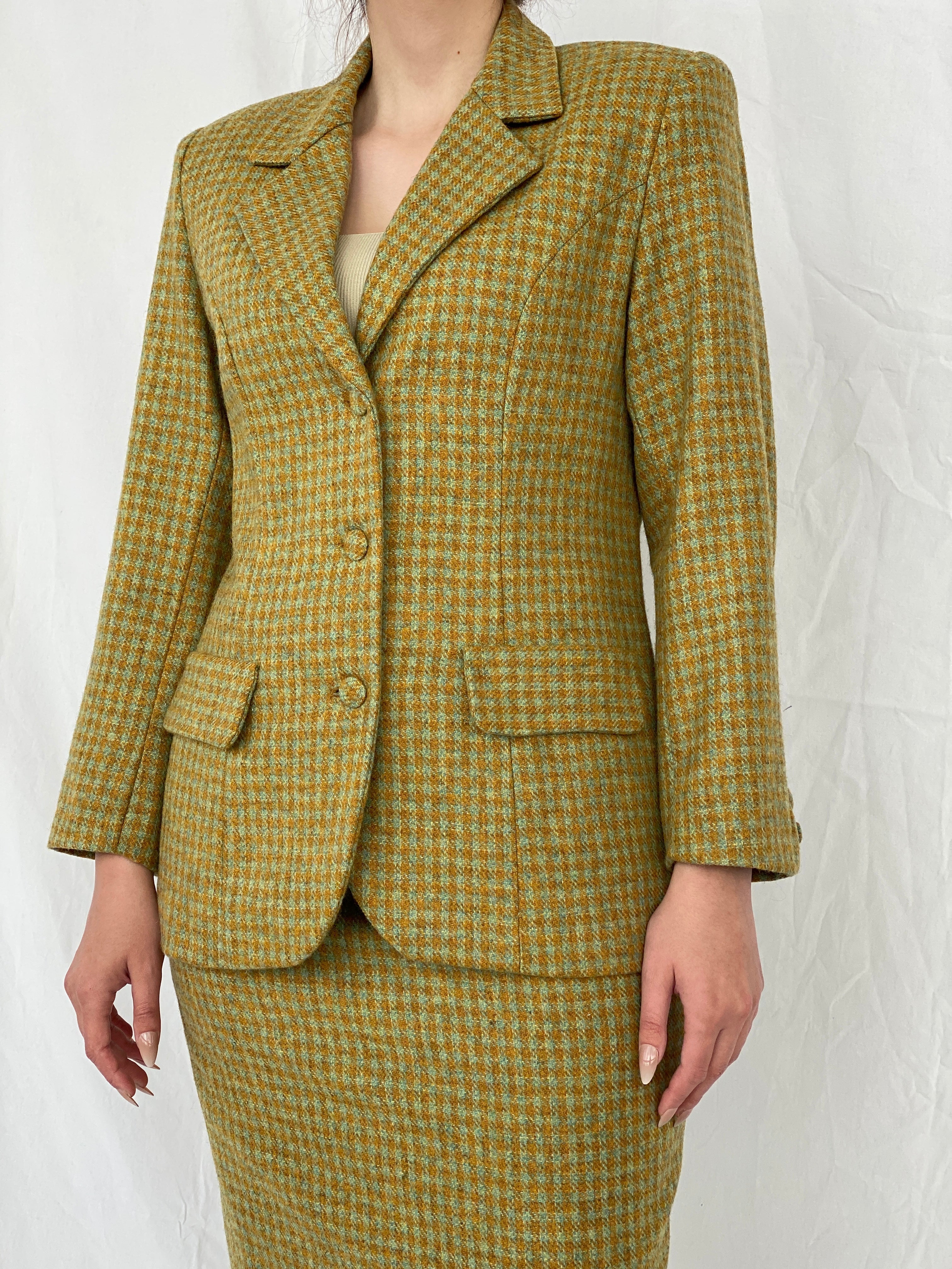 Vintage Handmade Checkered Yellow & Green Wool Blend Blazer Skirt Set - M - Balagan Vintage Midi Dress Ayah, blazer, dress, half sleeve blazer, midi dress, NEW IN, plaid, plaid blazer, tweed blazer