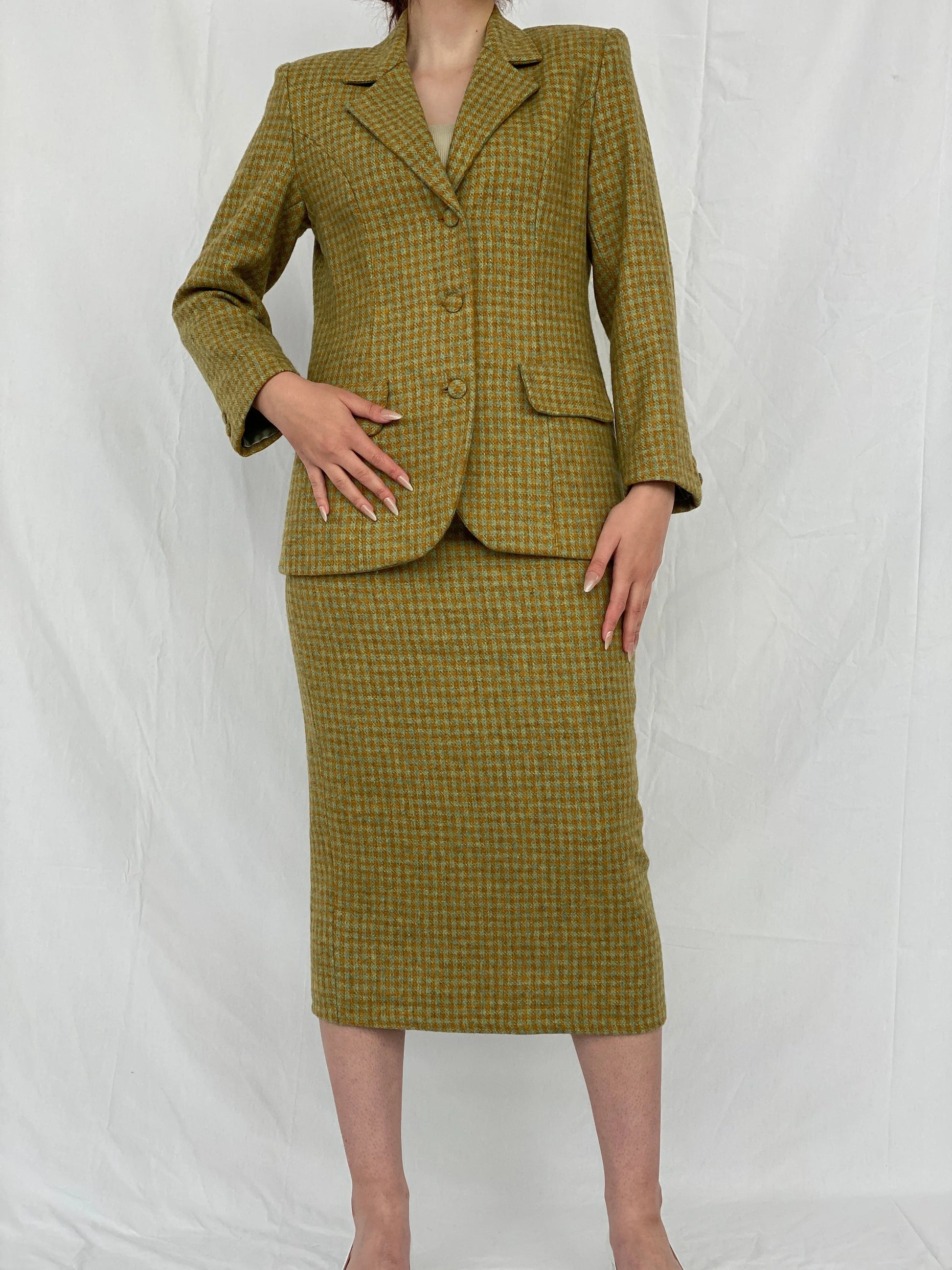 Vintage Handmade Checkered Yellow & Green Wool Blend Blazer Skirt Set - M - Balagan Vintage Midi Dress Ayah, blazer, dress, half sleeve blazer, midi dress, plaid, plaid blazer, tweed blazer