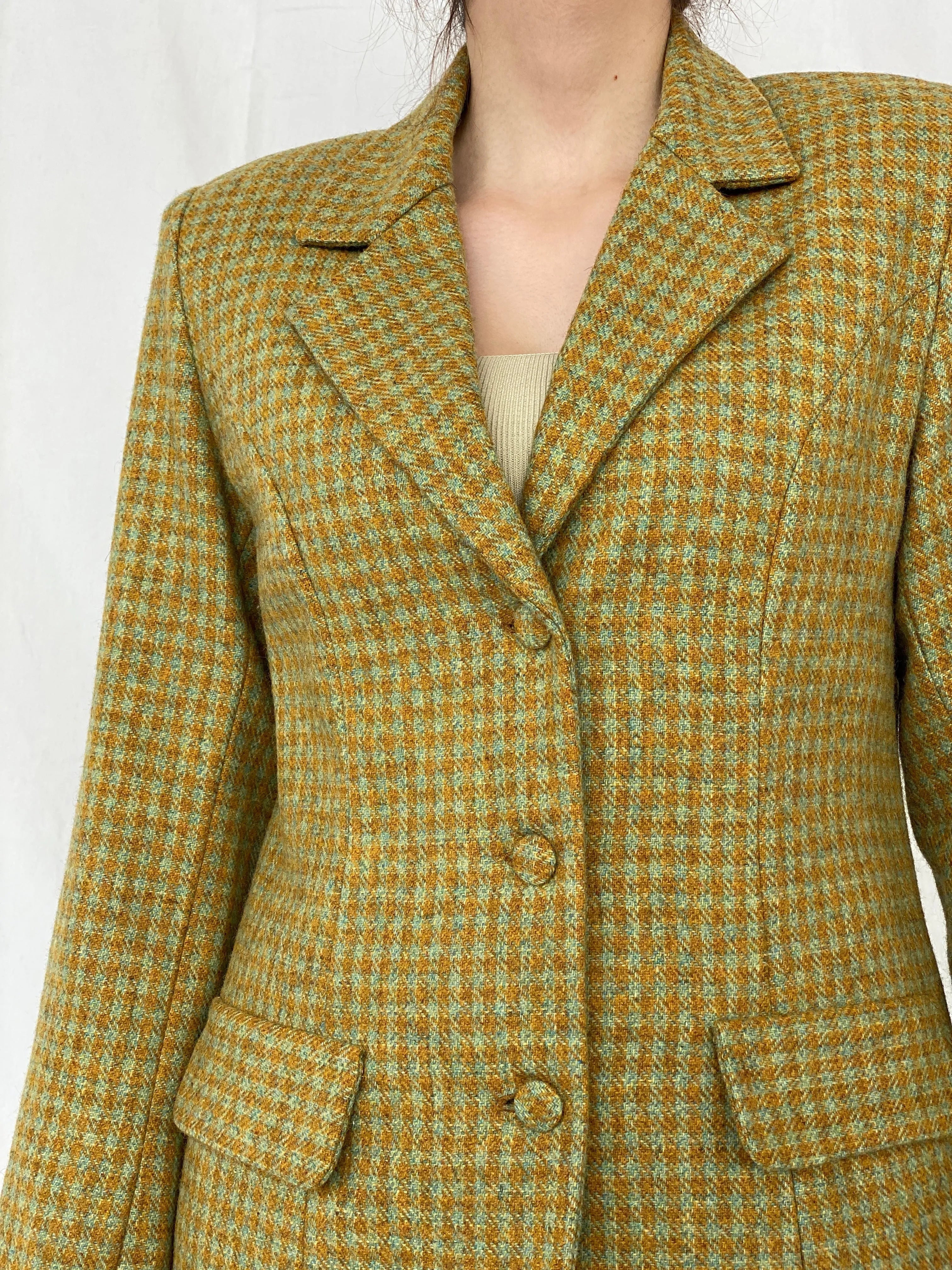 Vintage Handmade Checkered Yellow & Green Wool Blend Blazer Skirt Set - M - Balagan Vintage Midi Dress Ayah, blazer, dress, half sleeve blazer, midi dress, plaid, plaid blazer, tweed blazer