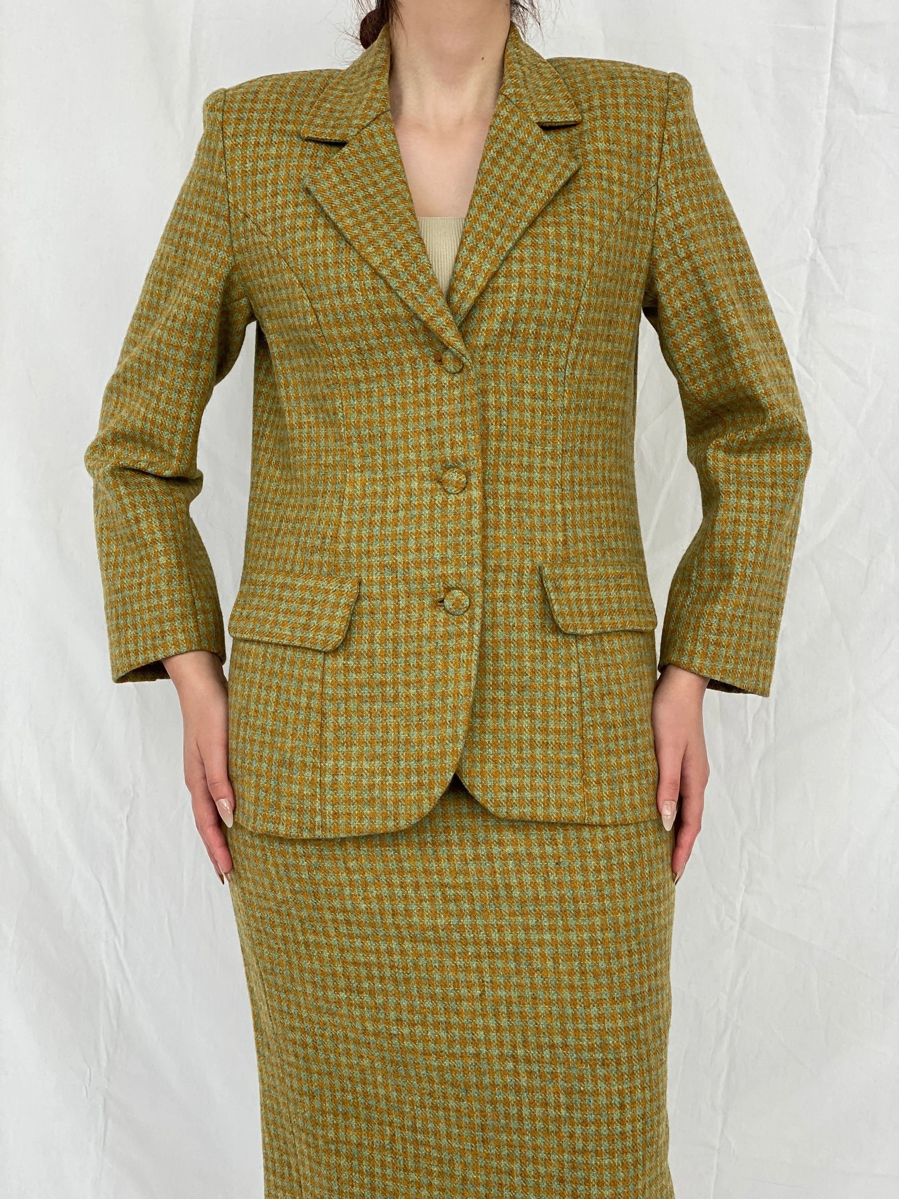 Vintage Handmade Checkered Yellow & Green Wool Blend Blazer Skirt Set - M - Balagan Vintage Midi Dress Ayah, blazer, dress, half sleeve blazer, midi dress, plaid, plaid blazer, tweed blazer