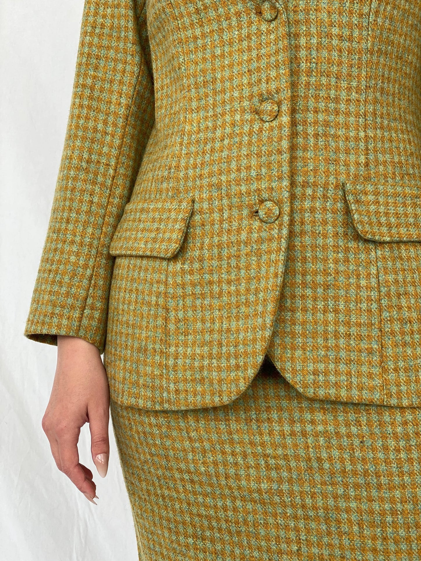 Vintage Handmade Checkered Yellow & Green Wool Blend Blazer Skirt Set - M - Balagan Vintage Midi Dress Ayah, blazer, dress, half sleeve blazer, midi dress, plaid, plaid blazer, tweed blazer