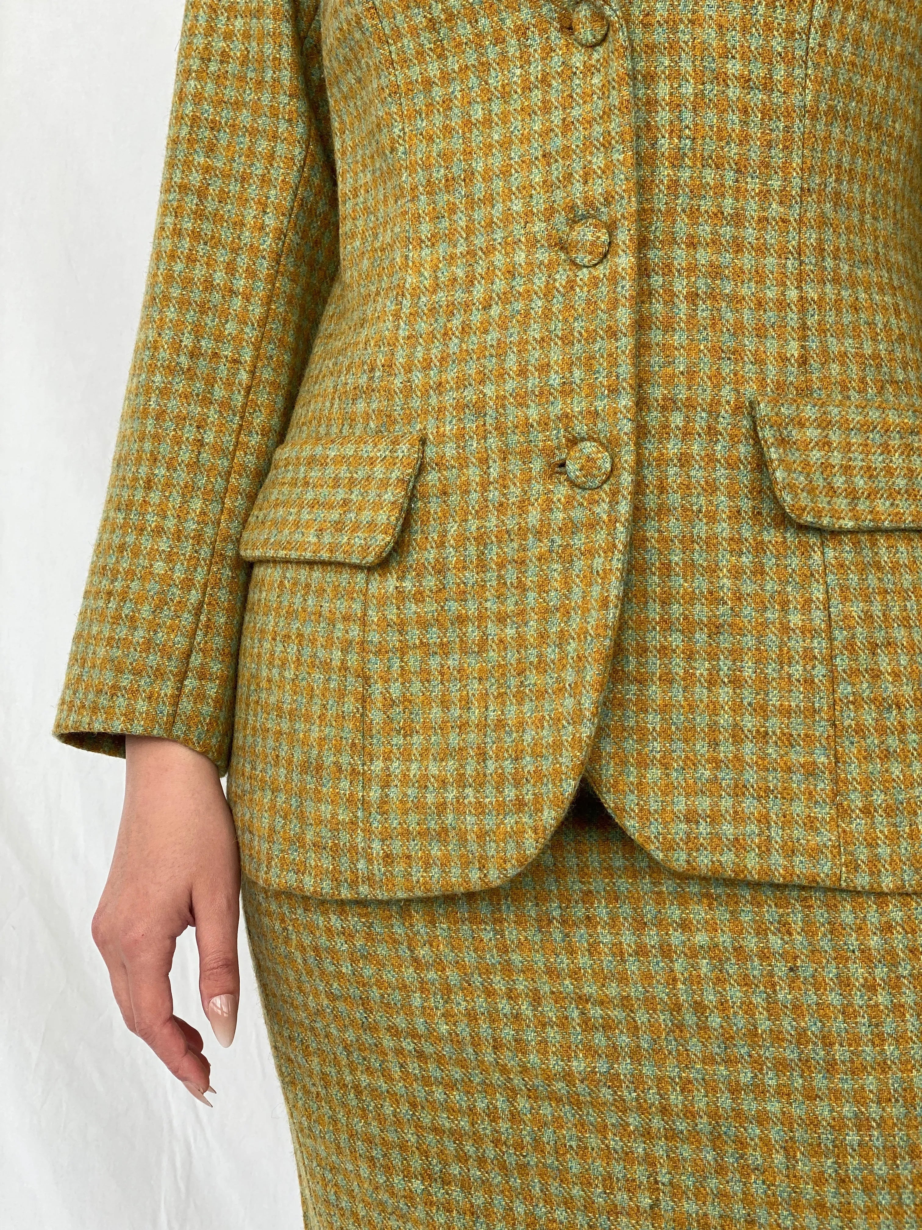 Vintage Handmade Checkered Yellow & Green Wool Blend Blazer Skirt Set - M - Balagan Vintage Midi Dress Ayah, blazer, dress, half sleeve blazer, midi dress, plaid, plaid blazer, tweed blazer