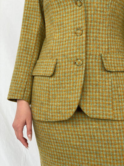 Vintage Handmade Checkered Yellow & Green Wool Blend Blazer Skirt Set - M - Balagan Vintage Midi Dress Ayah, blazer, dress, half sleeve blazer, midi dress, plaid, plaid blazer, tweed blazer
