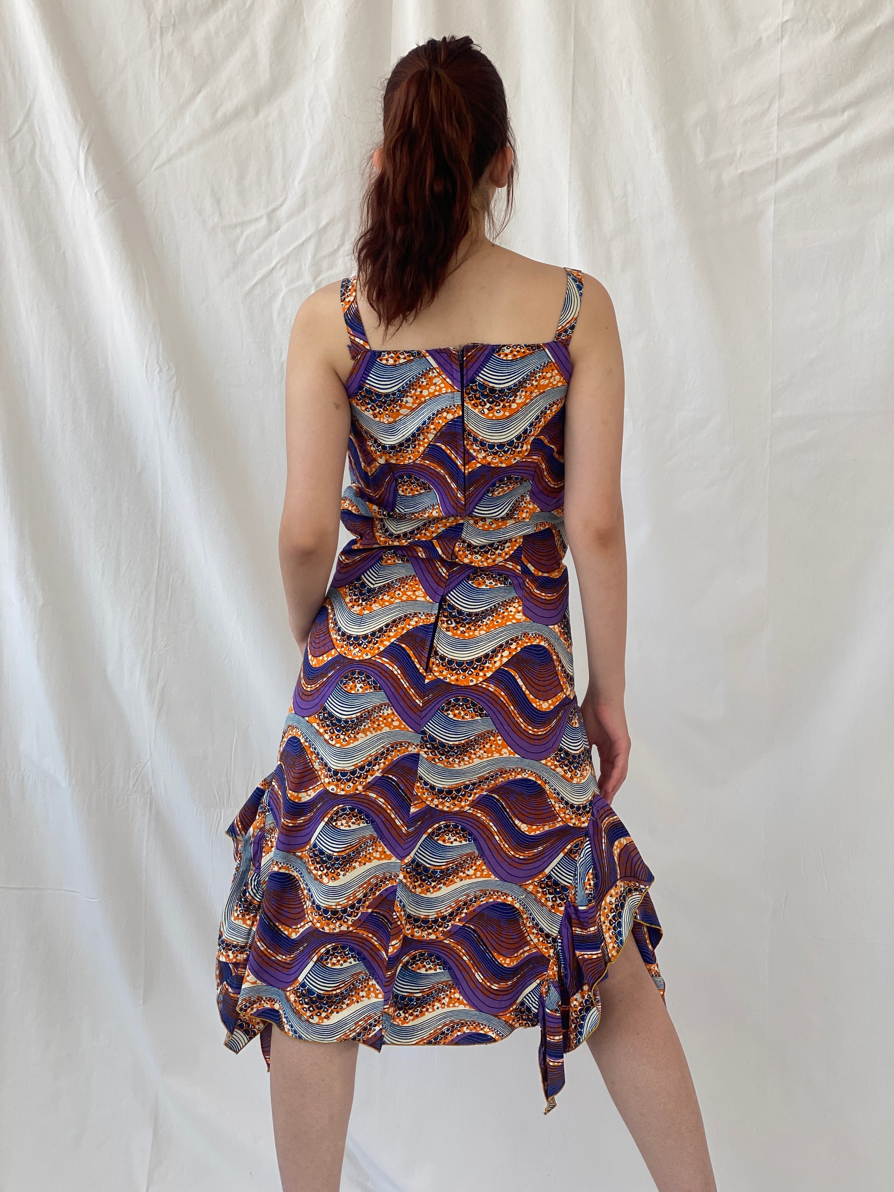 Vintage Handmade Ethnic African Print Purple Orange Midi Sleeveless Dress with Matching Bolero - S - Balagan Vintage Midi Dress 90s, Afro print, Ayah, dress, midi dress, vintage dress