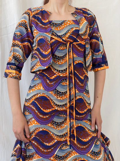Vintage Handmade Ethnic African Print Purple Orange Midi Sleeveless Dress with Matching Bolero - S - Balagan Vintage Midi Dress 90s, Afro print, Ayah, dress, midi dress, vintage dress