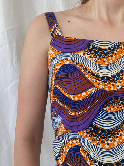 Vintage Handmade Ethnic African Print Purple Orange Midi Sleeveless Dress with Matching Bolero - S - Balagan Vintage Midi Dress 90s, Afro print, Ayah, dress, midi dress, vintage dress