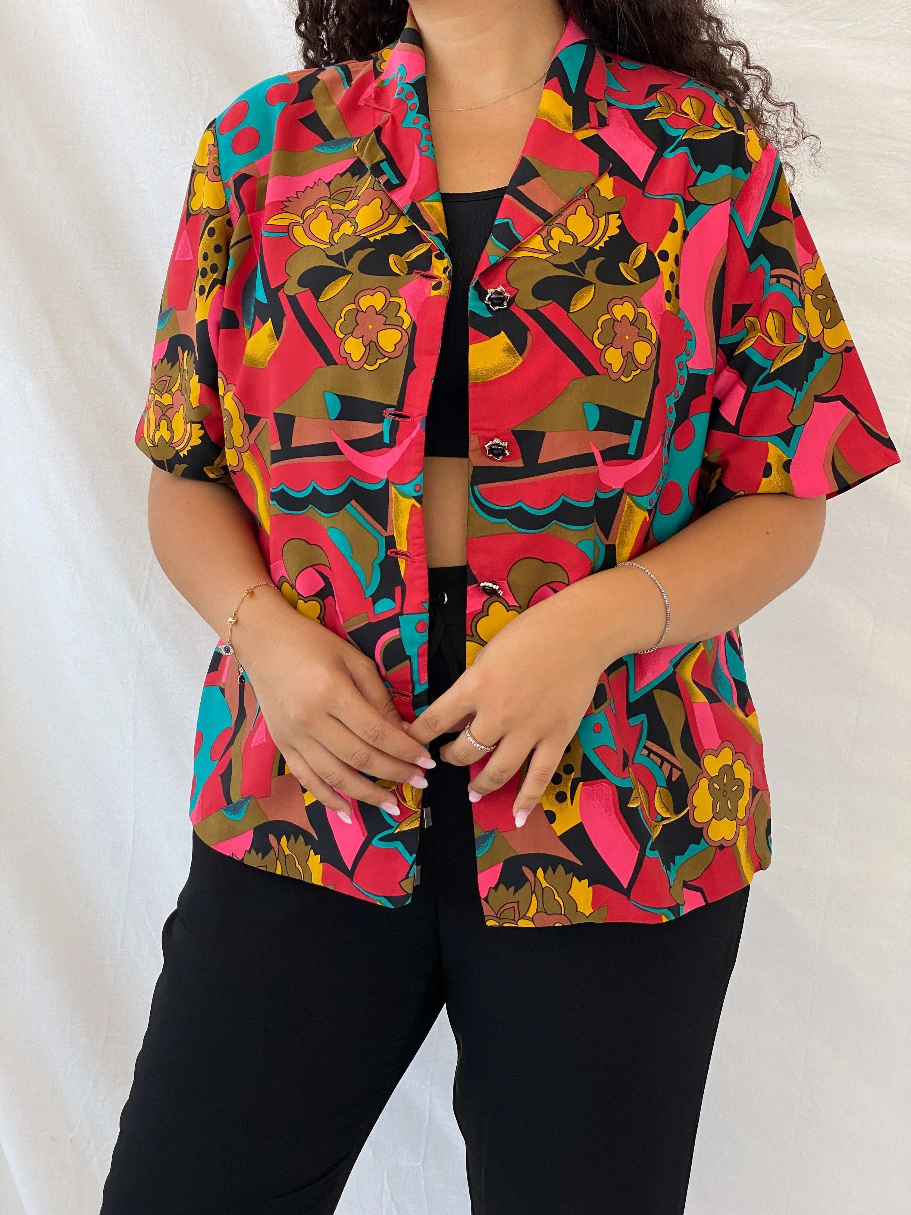 Vintage Handmade Floral Multi-Colored Half-Sleeve Shirt - XL - Balagan Vintage Half Sleeve Shirt 00s, 90s, Dina, floral print, half sleeve shirt, shorts