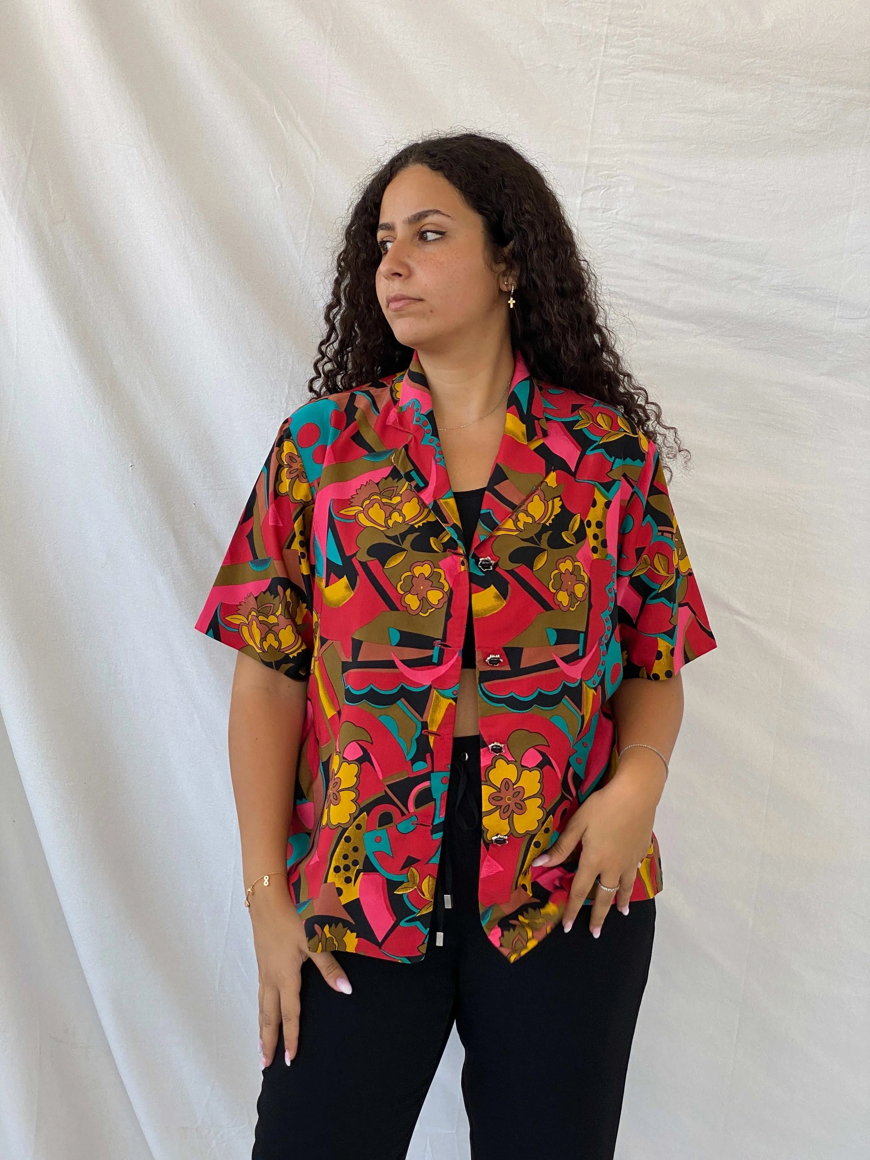 Vintage Handmade Floral Multi-Colored Half-Sleeve Shirt - XL - Balagan Vintage Half Sleeve Shirt 00s, 90s, Dina, floral print, half sleeve shirt, shorts