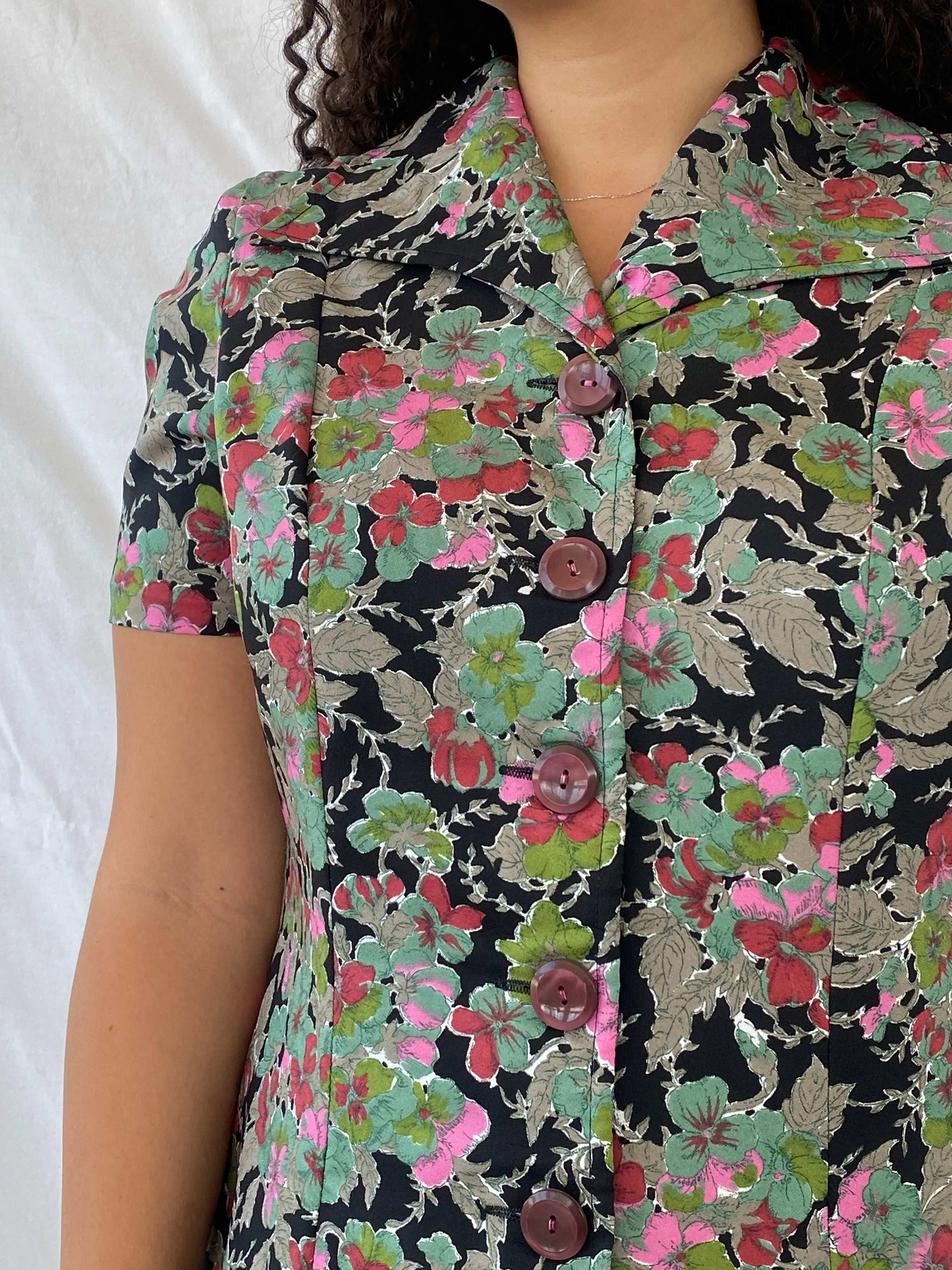 Vintage Handmade Floral Picnic Black and Green Midi Dress - L - Balagan Vintage Midi Dress 00s, 00s dress, 90s, Deals, Dina, dress, floral, floral dress, midi dress, summer dress