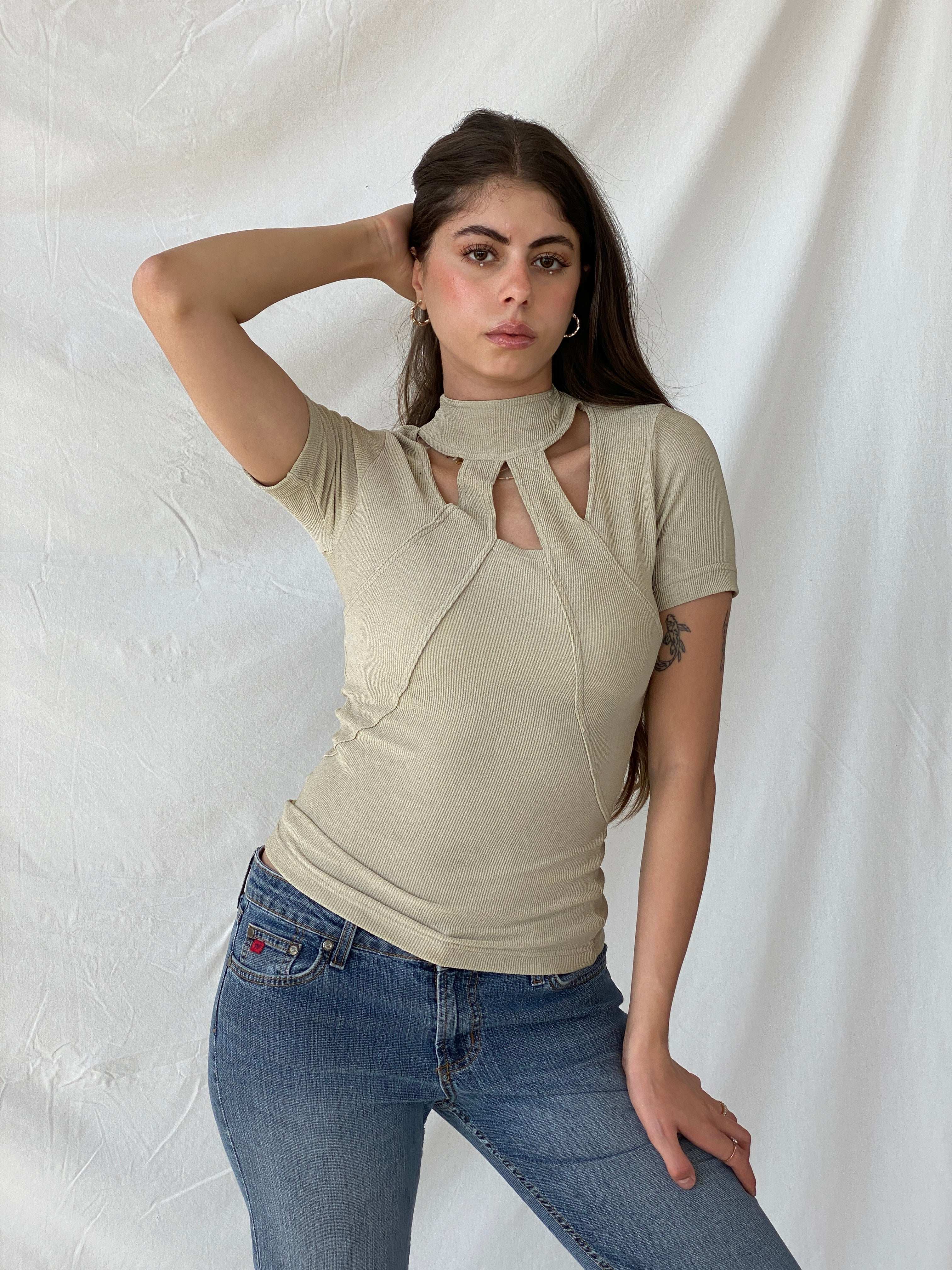 Vintage Handmade Futuristic Cutout Beige Top - S - Balagan Vintage Half Sleeve Top handmade, Mira, women top