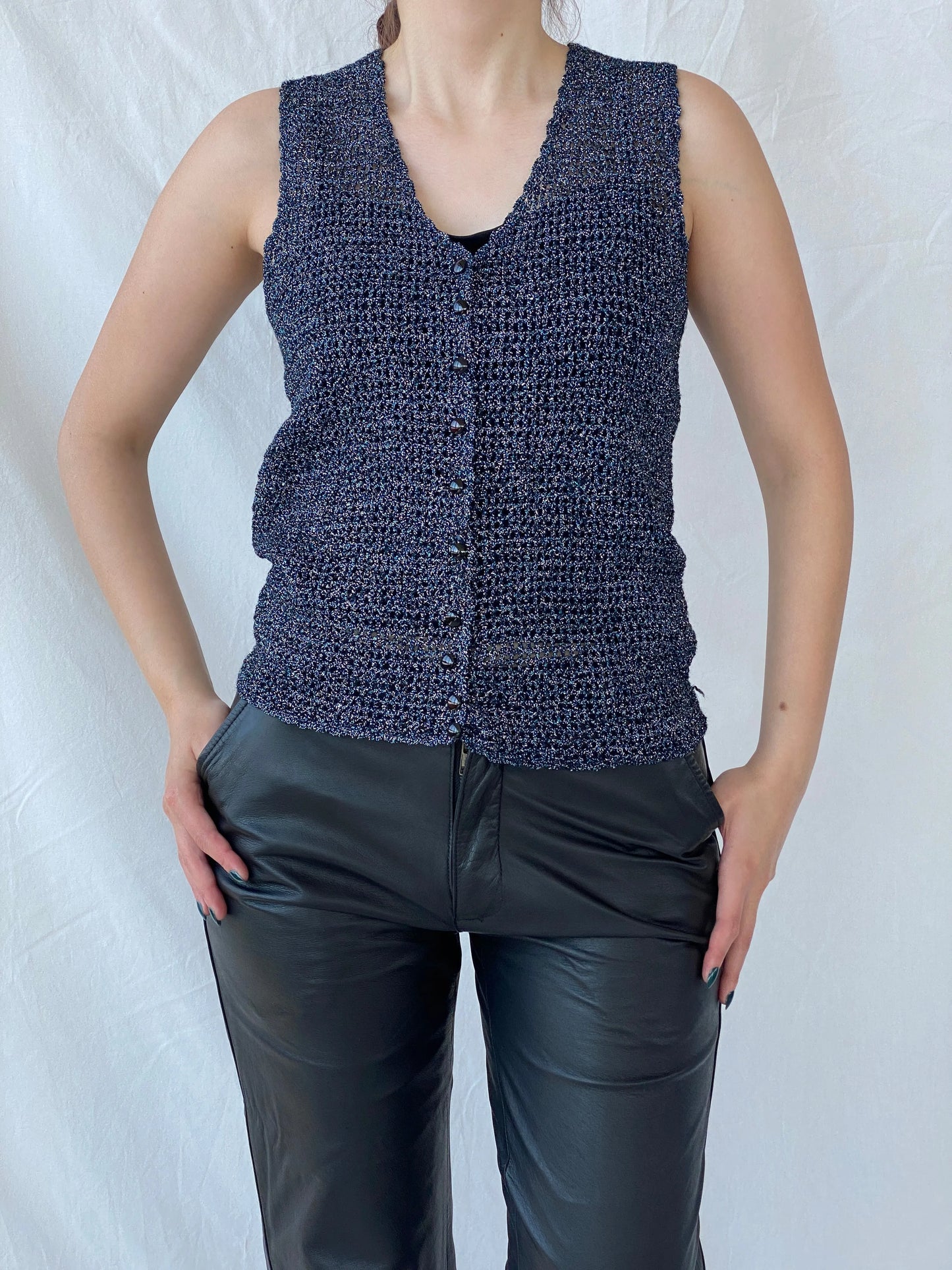 Vintage Handmade Knitted Blue Silver and Black Shimmery Buttoned Vest - S - Balagan Vintage Vest 00s, Ayah, consignment, crochet, Melika, mesh, vest, women top