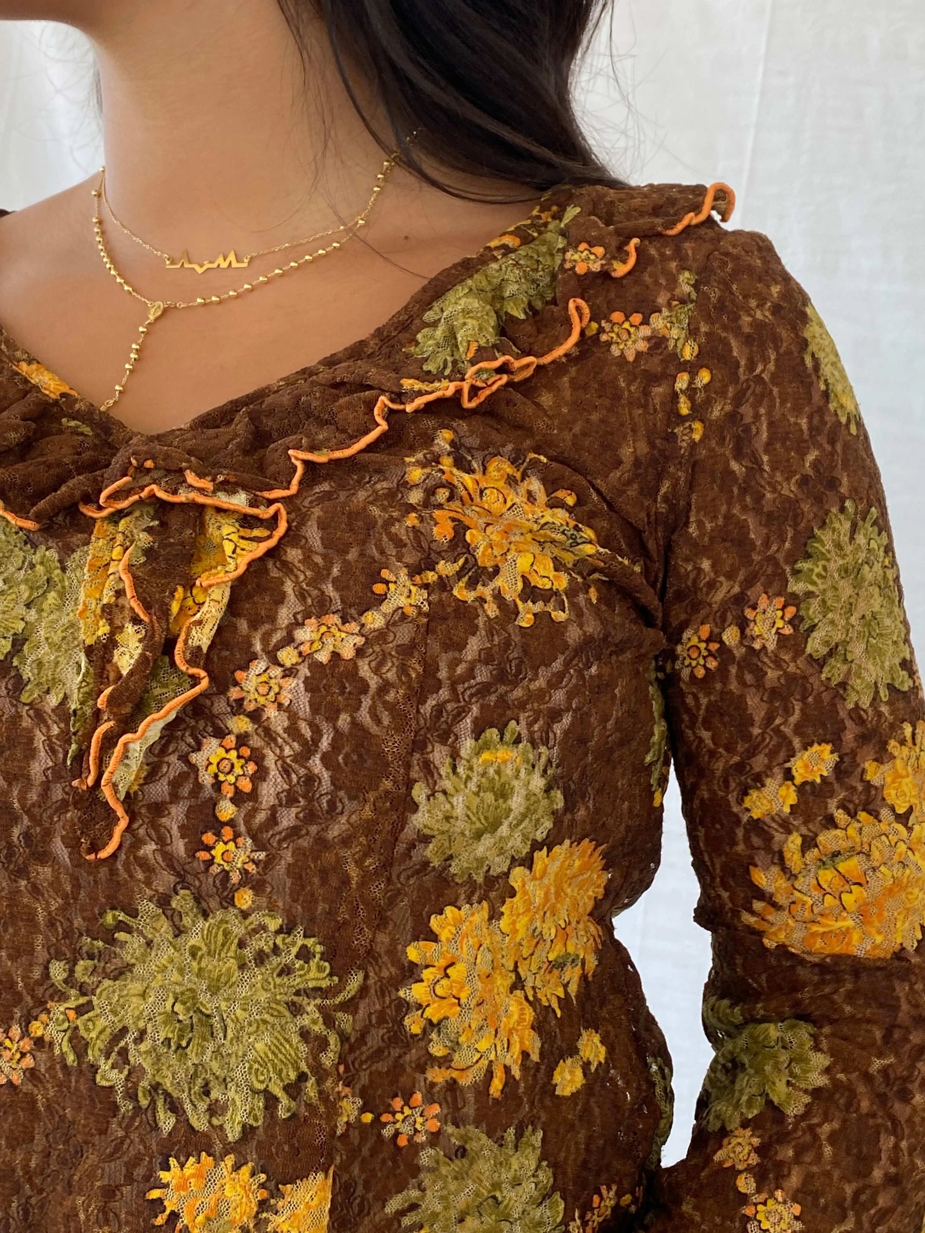 Vintage Handmade Lace Floral Brown 3/4 Sleeve Top - M - Balagan Vintage Full Sleeve Top 90s, Lana, summer